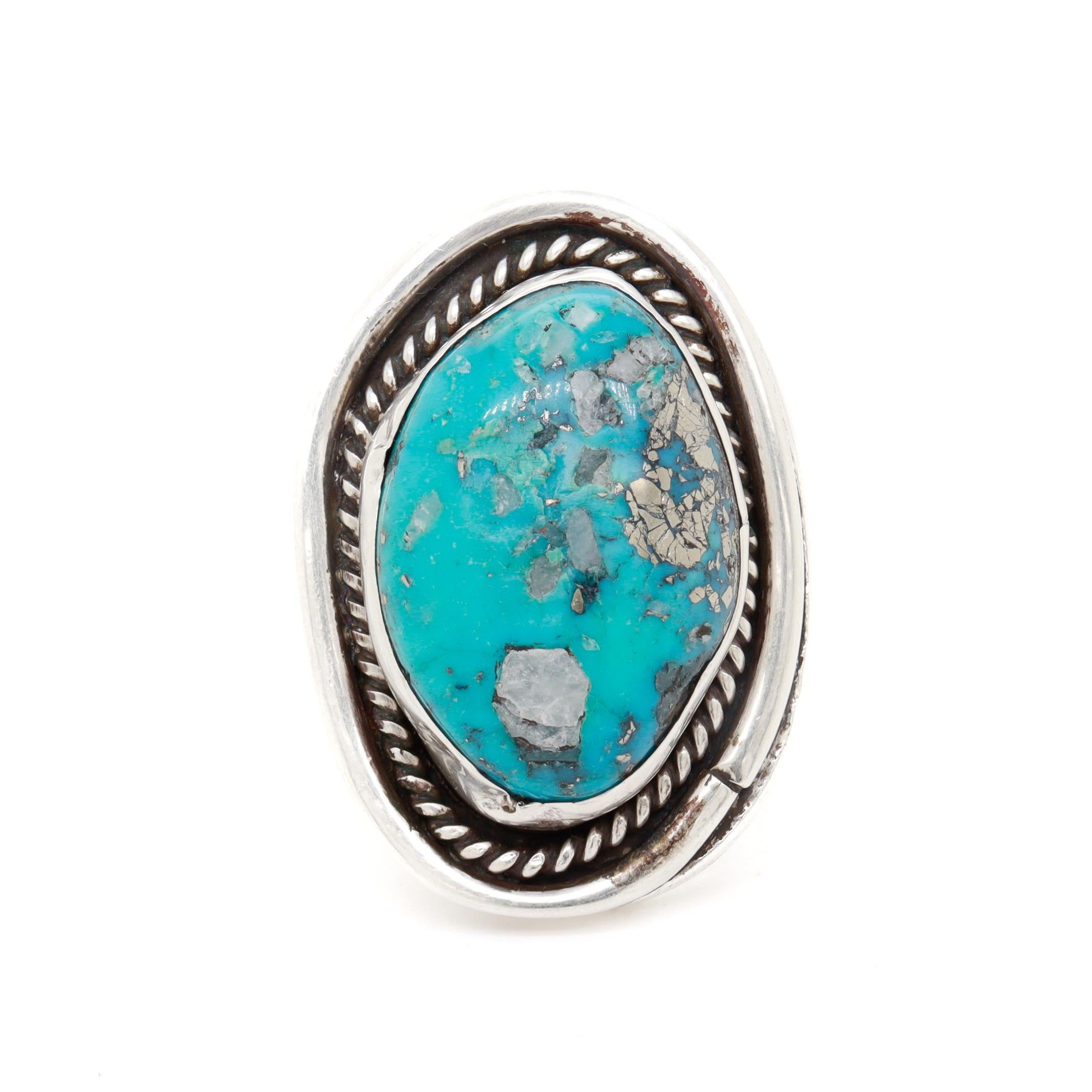 Großer indianischer Silber & Türkis Cabochon Signet Style Ring im Angebot 2