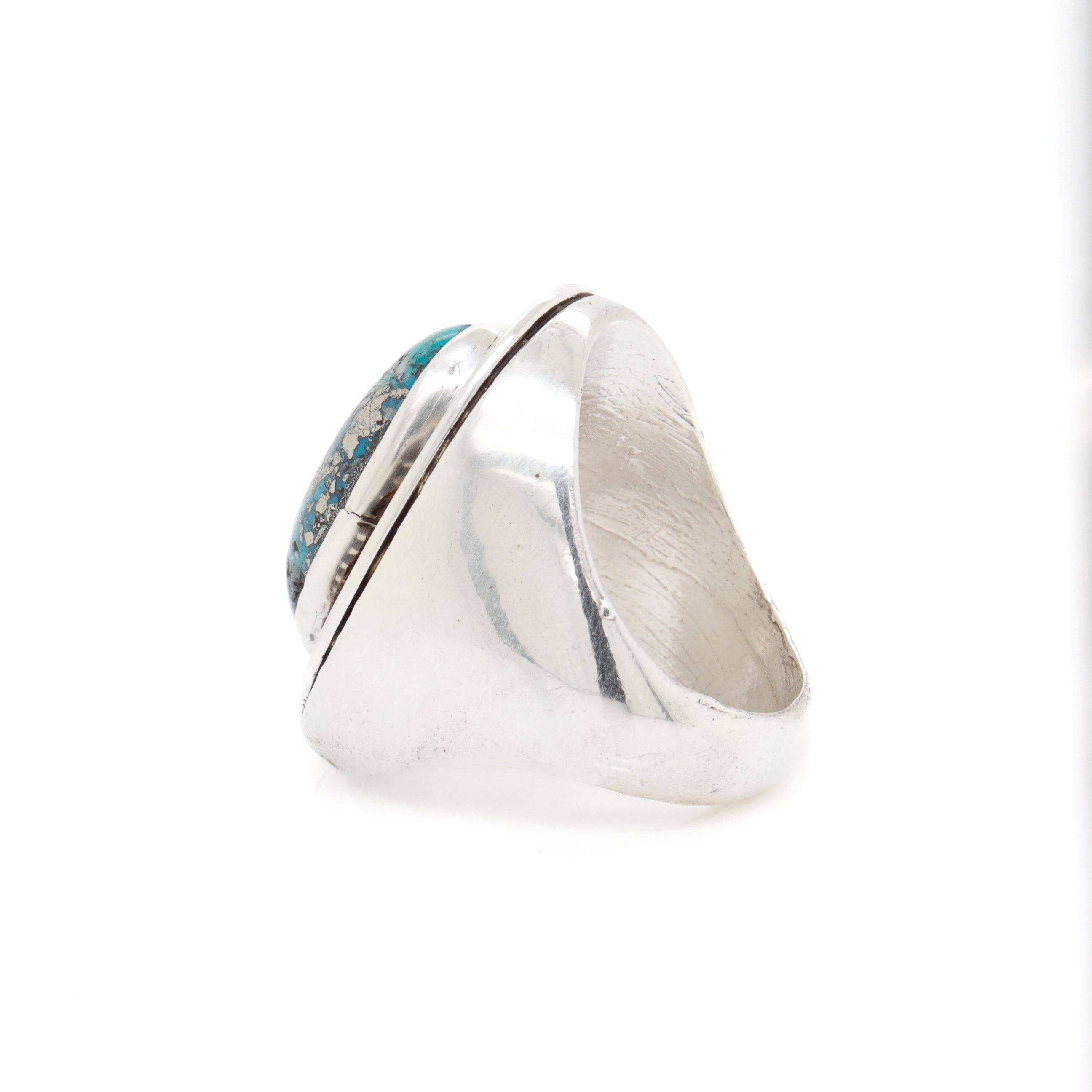 Großer indianischer Silber & Türkis Cabochon Signet Style Ring im Angebot 3
