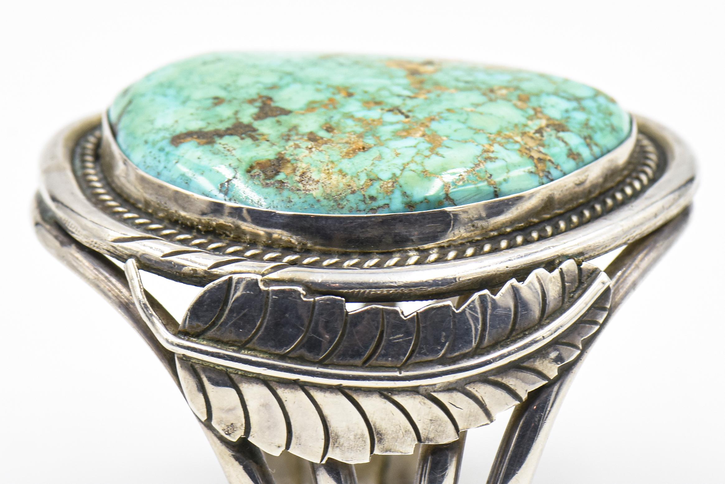 Large Native American Turquoise Sterling Silver Feather Cuff Bracelet In Good Condition In Miami Beach, FL