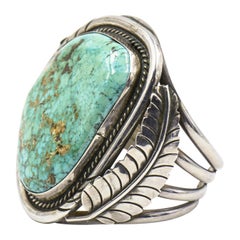 Large Native American Turquoise Sterling Silver Feather Cuff Bracelet