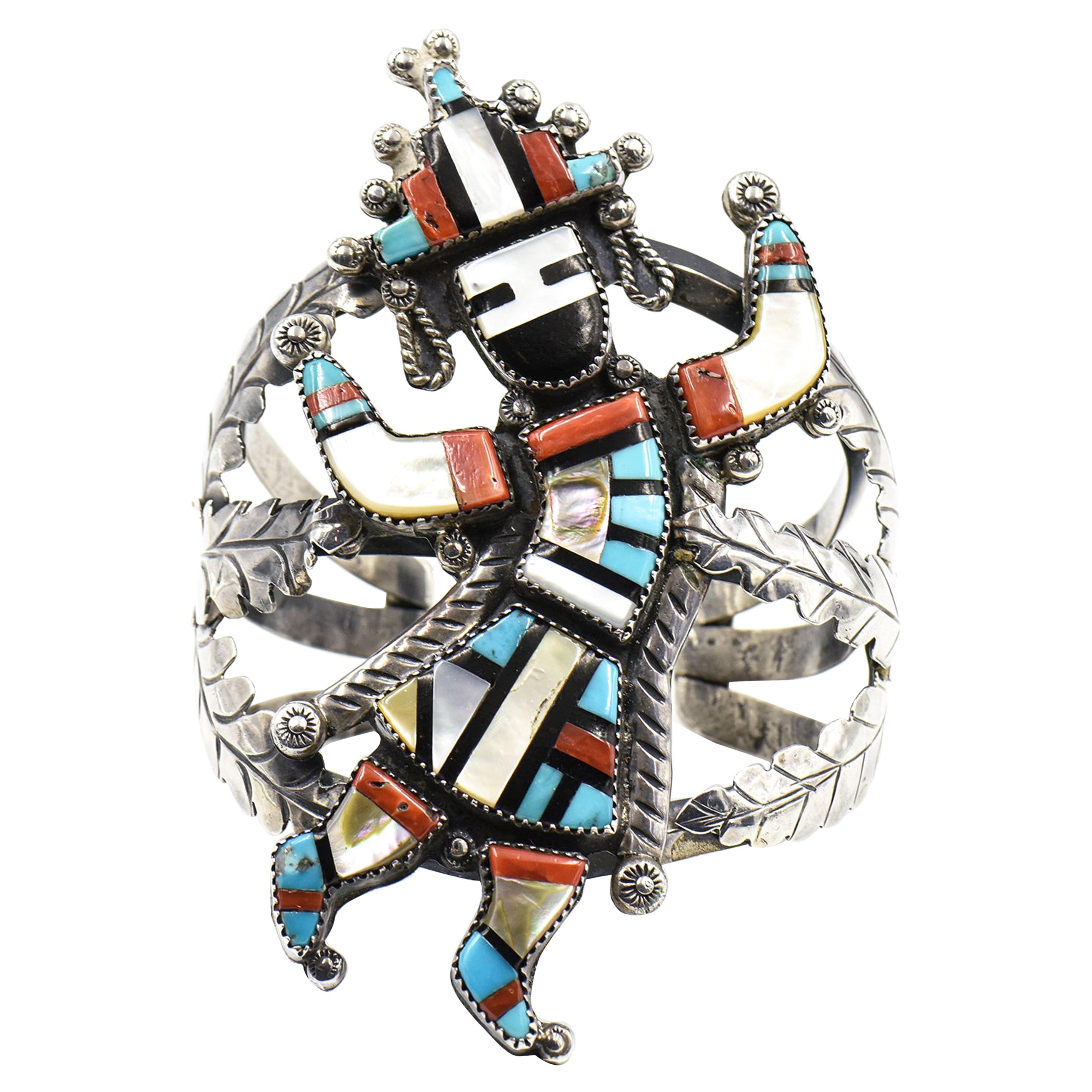 Large Native American Zuni Kachina Dancer Inlay Cuff Bracelet