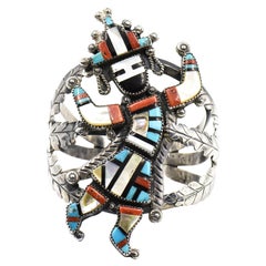 Used Large Native American Zuni Kachina Dancer Inlay Cuff Bracelet