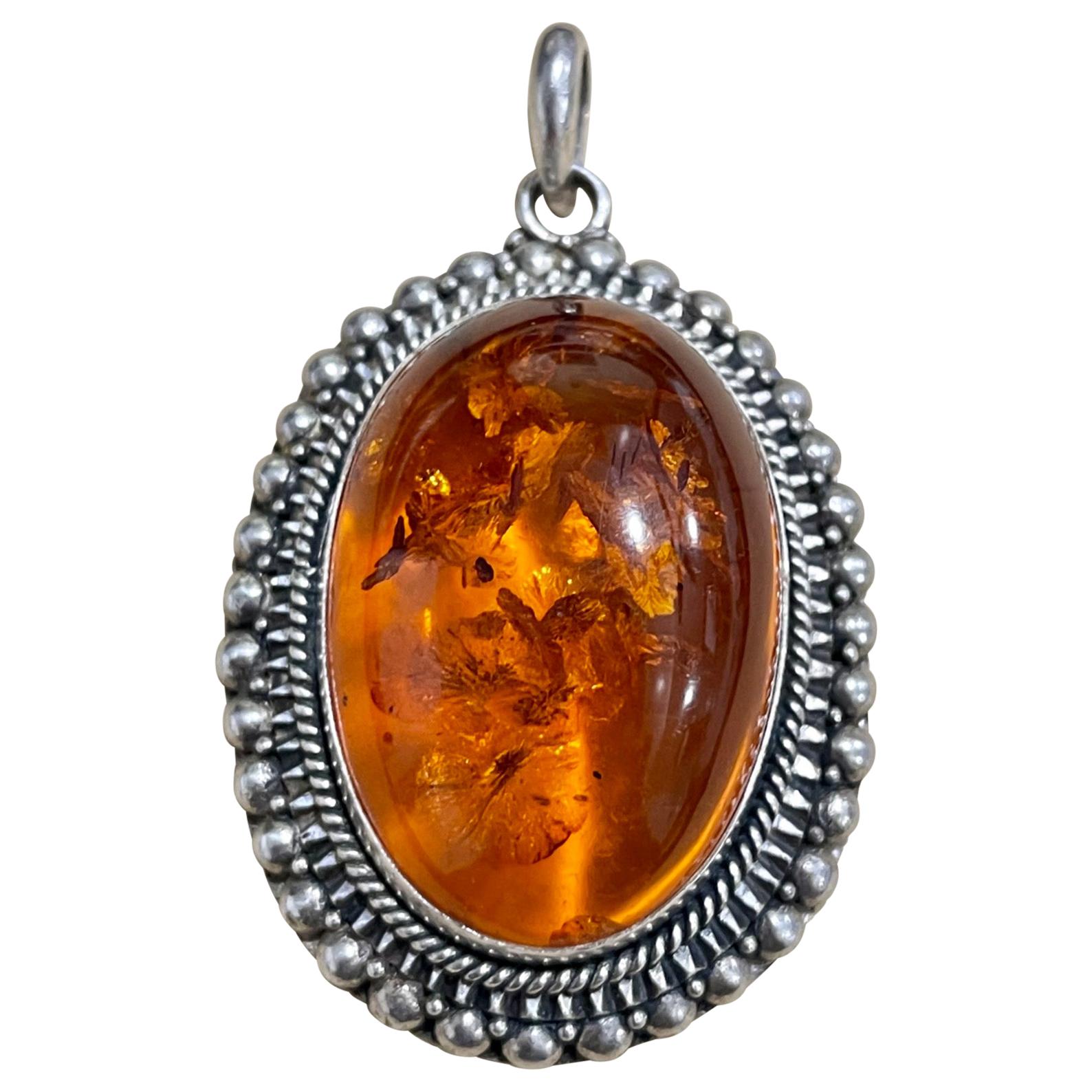 Large Natural Amber Necklace or Pendant in Sterling Silver