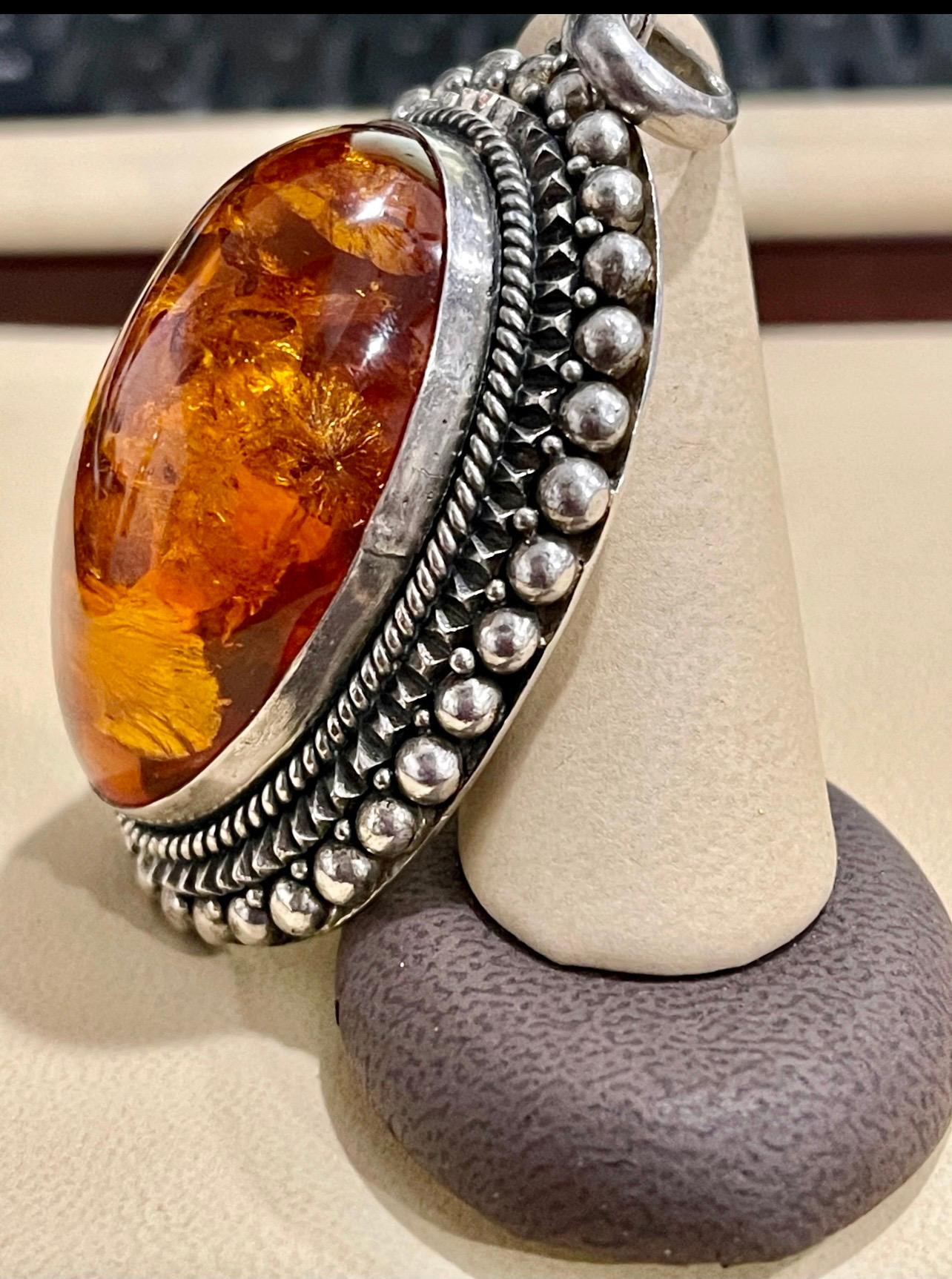 Large Natural Amber Necklace or Pendant in Sterling Silver In Excellent Condition In New York, NY