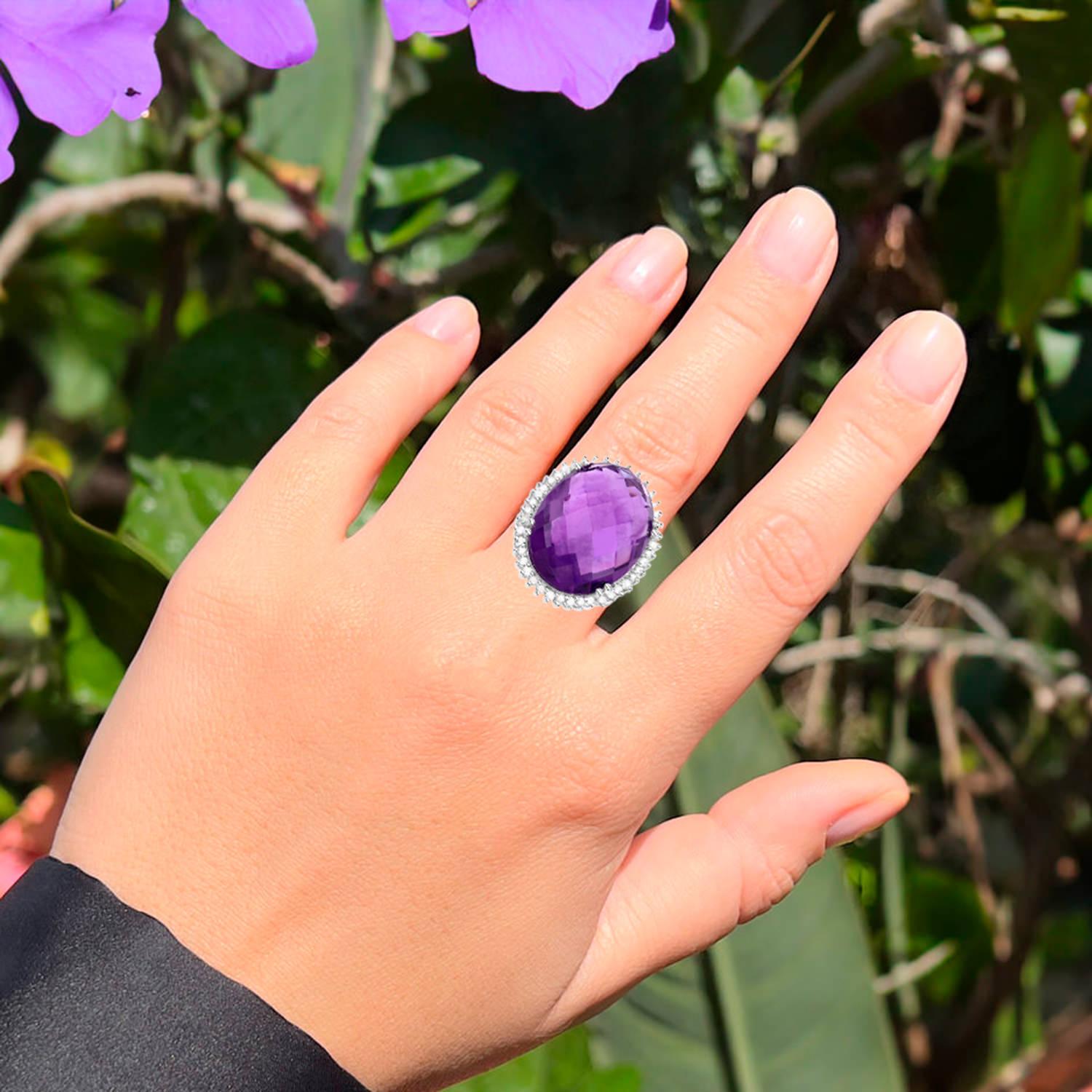 Rose Cut Large Natural Amethyst Cocktail Ring Diamond Halo 5 Carats For Sale