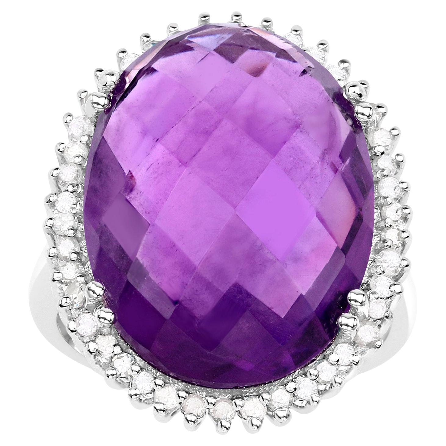 Large Natural Amethyst Cocktail Ring Diamond Halo 5 Carats For Sale