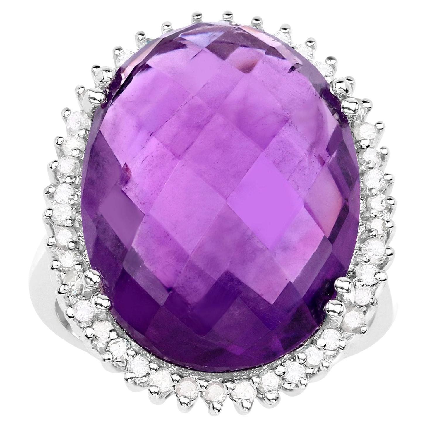 Gran Anillo de Cóctel Amatista Natural Halo de Diamantes 5 Quilates