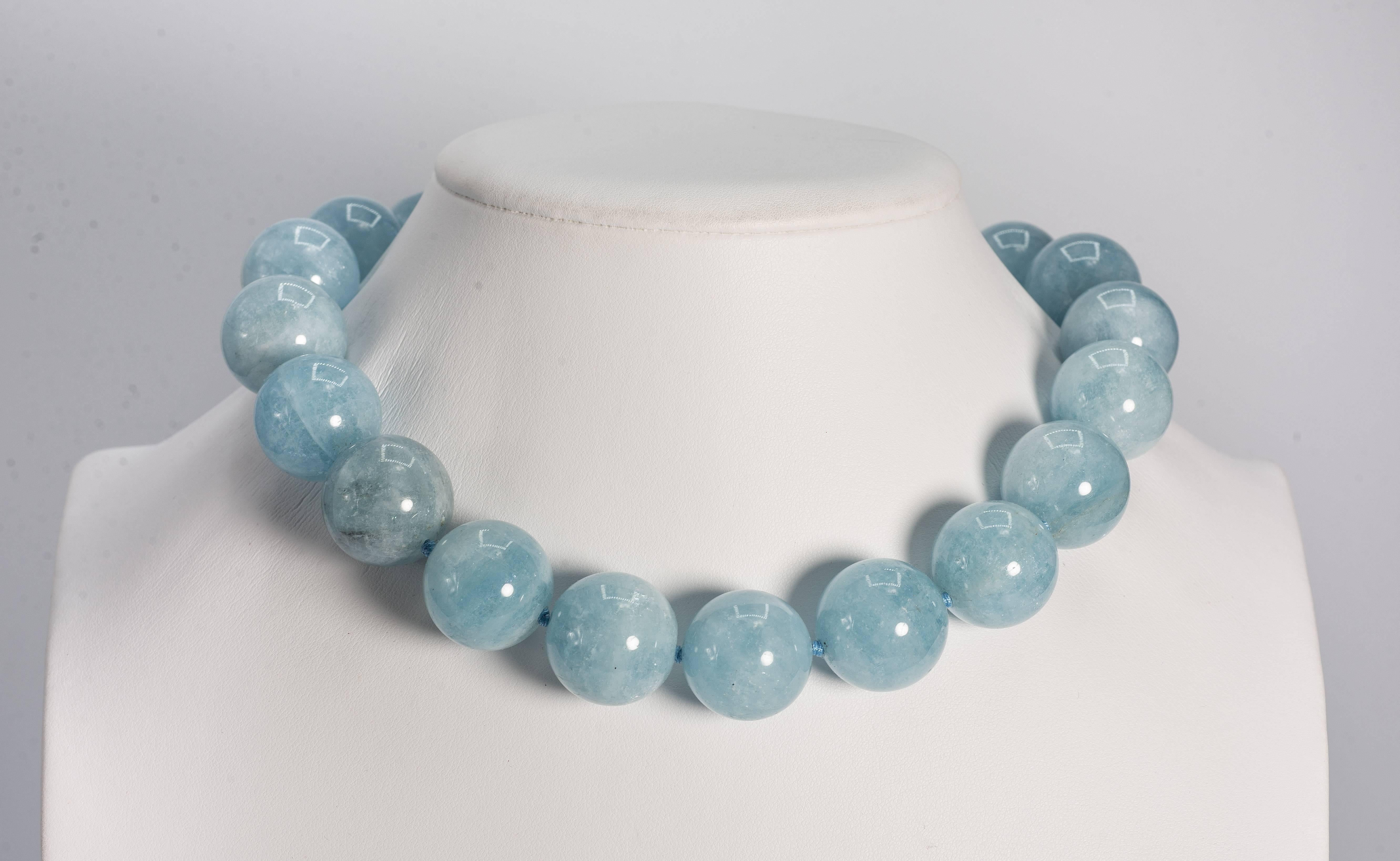 Stunning Nineteen large 22mm round natural Aquamarine beads hand blue silk knotted to a vermeil clasp making a fabulous statement necklace 17'' long. Each bead is about one inch diameter.