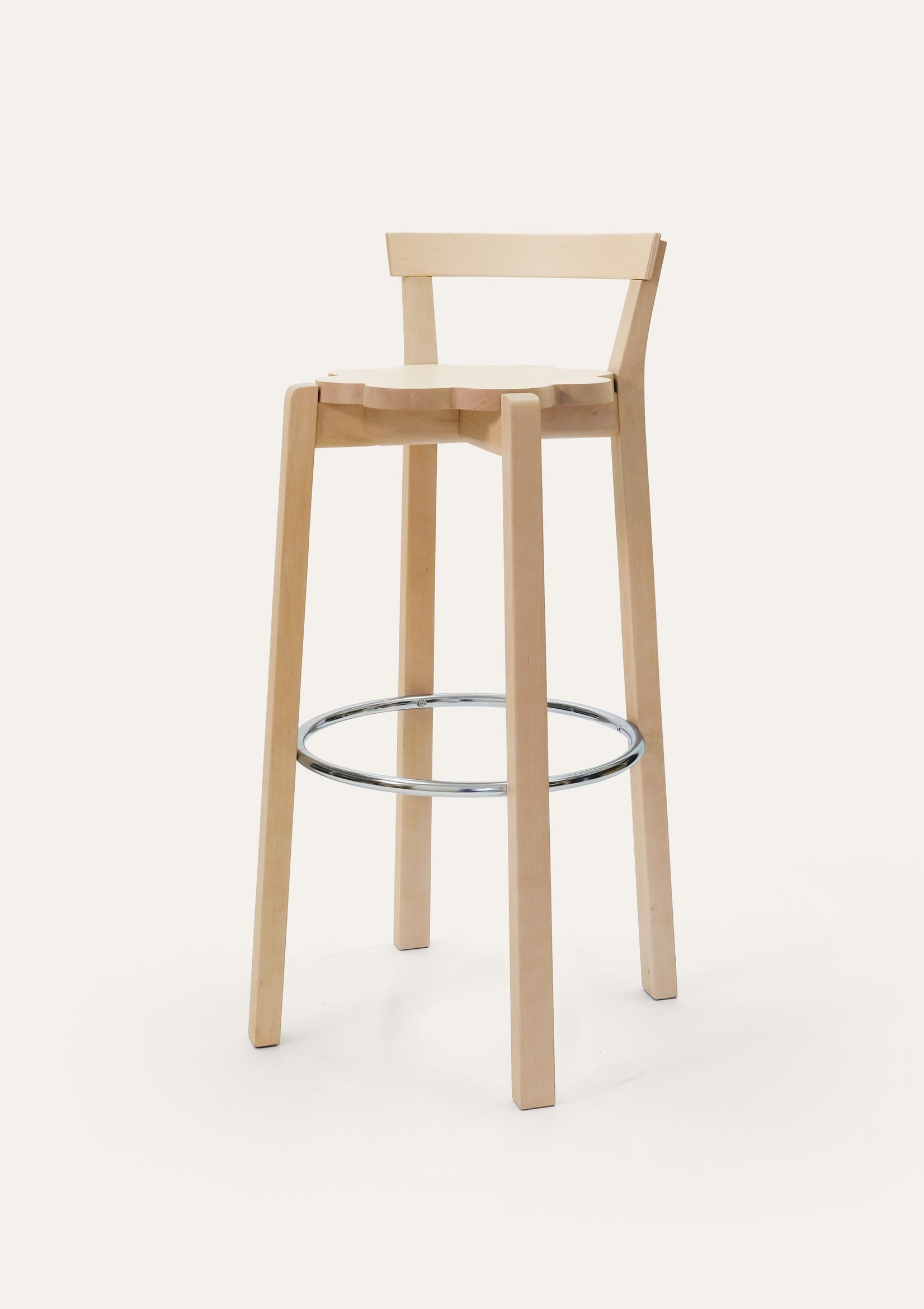 Large Natural Blossom bar chair by Storängen Design
Dimensions: D 45 x W 44 x H 99 x SH 82 cm
Materials: birch wood, steel.
Available in other colors and sizes. With or without backrest.

A small and neat stackable chair, which works well round