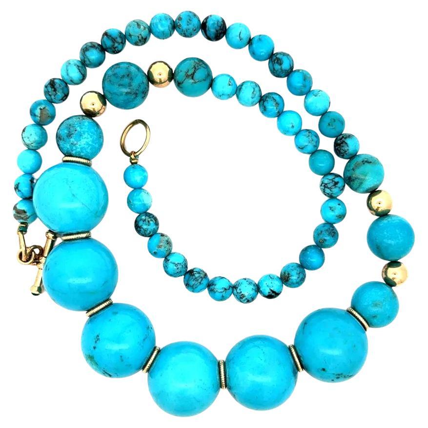 Collana grande con perline d'oro e turchese blu naturale