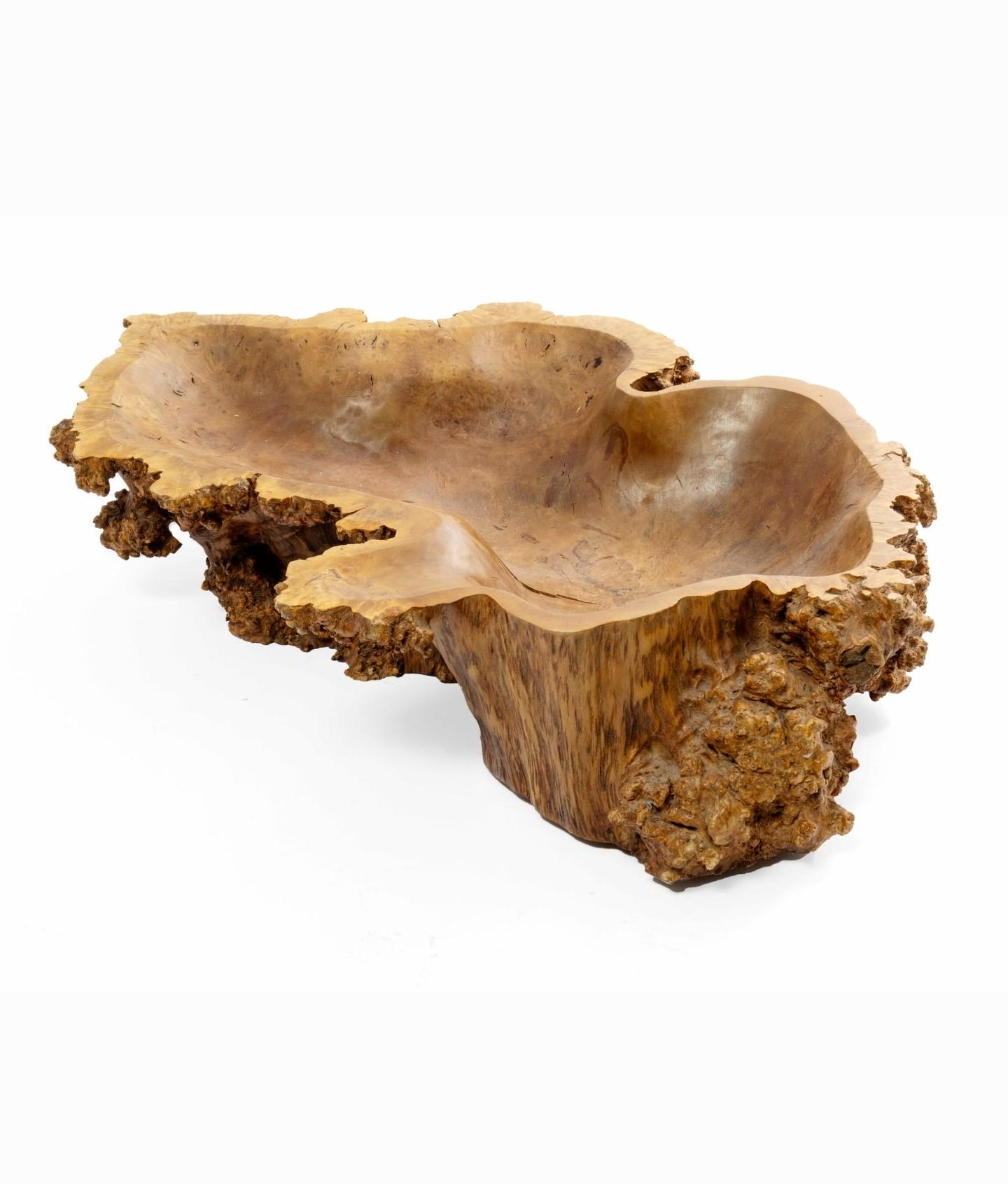 Large Natural Burl Wood Live Edge Carved Bowl Organic Centerpiece Sculpture in vendita 6