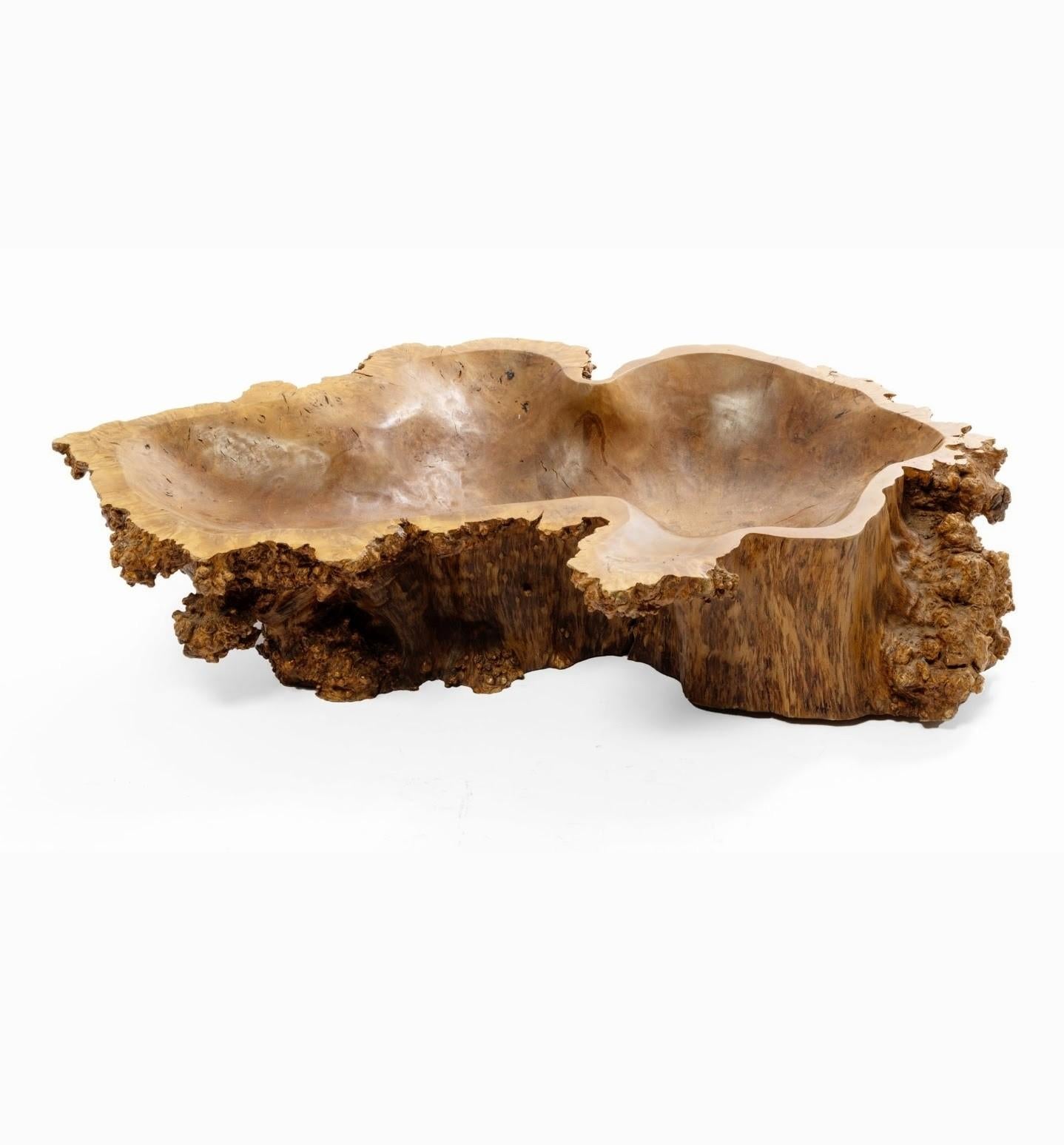 Large Natural Burl Wood Live Edge Carved Bowl Organic Centerpiece Sculpture in vendita 7