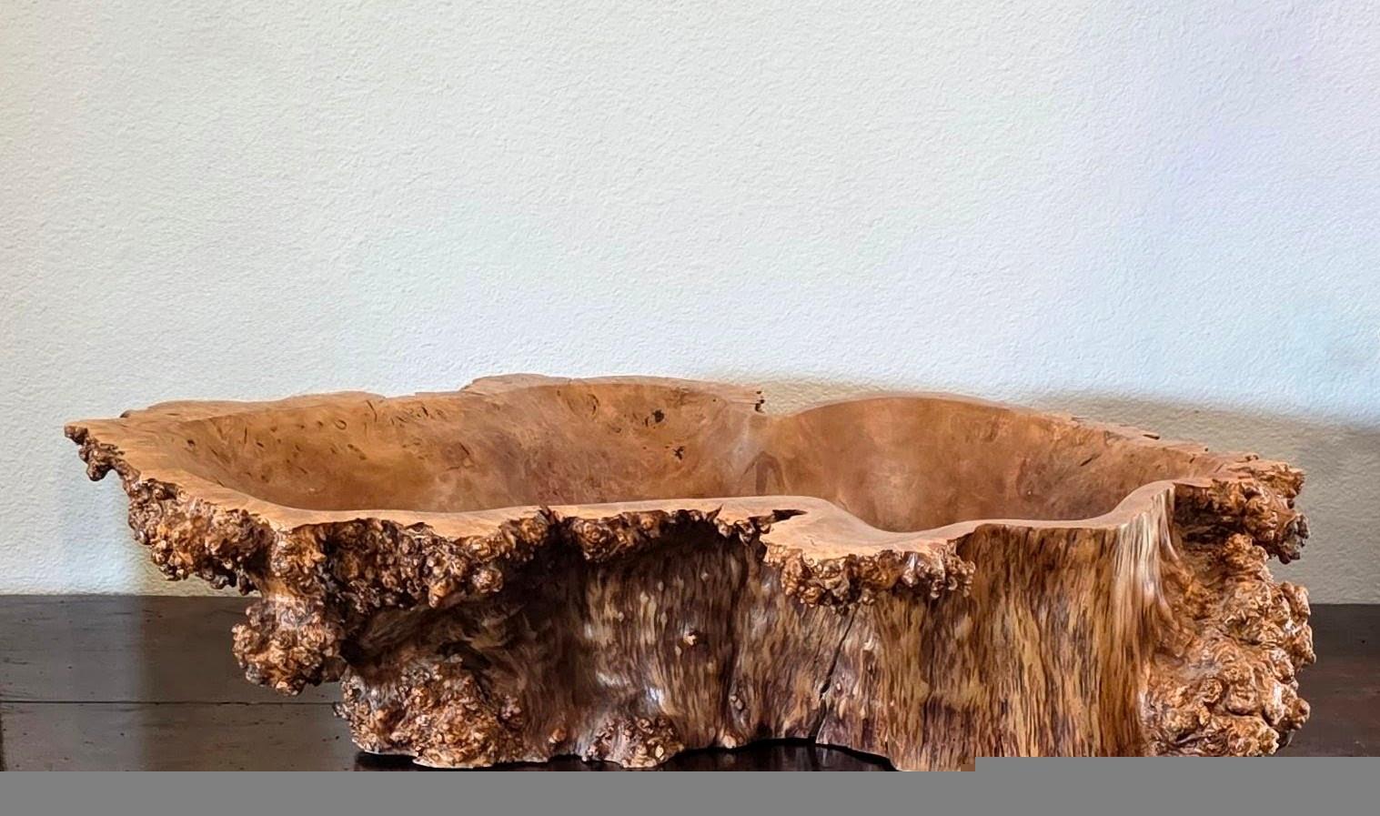 Large Natural Burl Wood Live Edge Carved Bowl Organic Centerpiece Sculpture in vendita 10