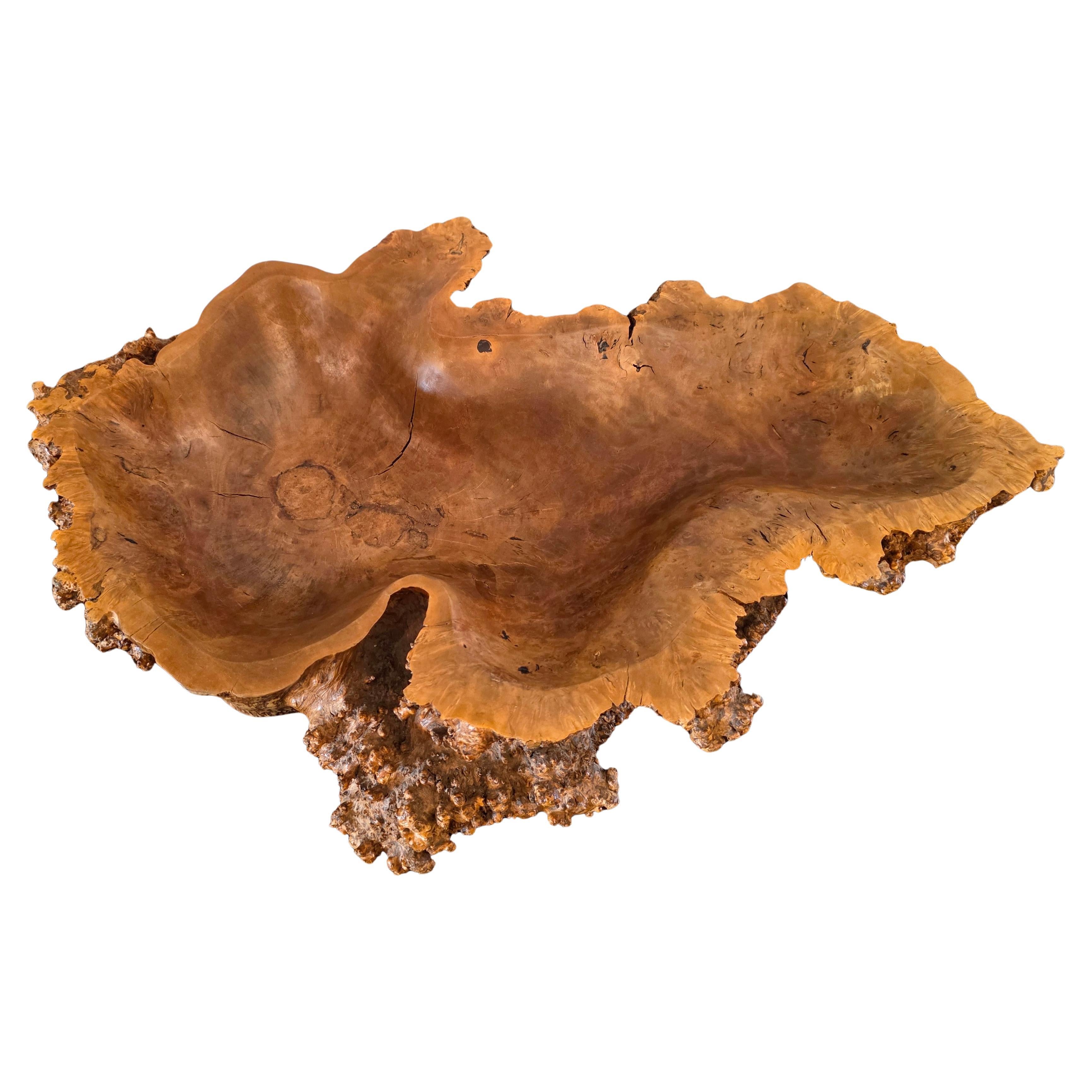 This monumental visually striking vintage burlwood objet'd art makes for a fascinating, decorative, and functional fruit bowl, oversized serving dish, organic modern centerpiece, distinctive rustic table sculpture,  or imposing brutalist style