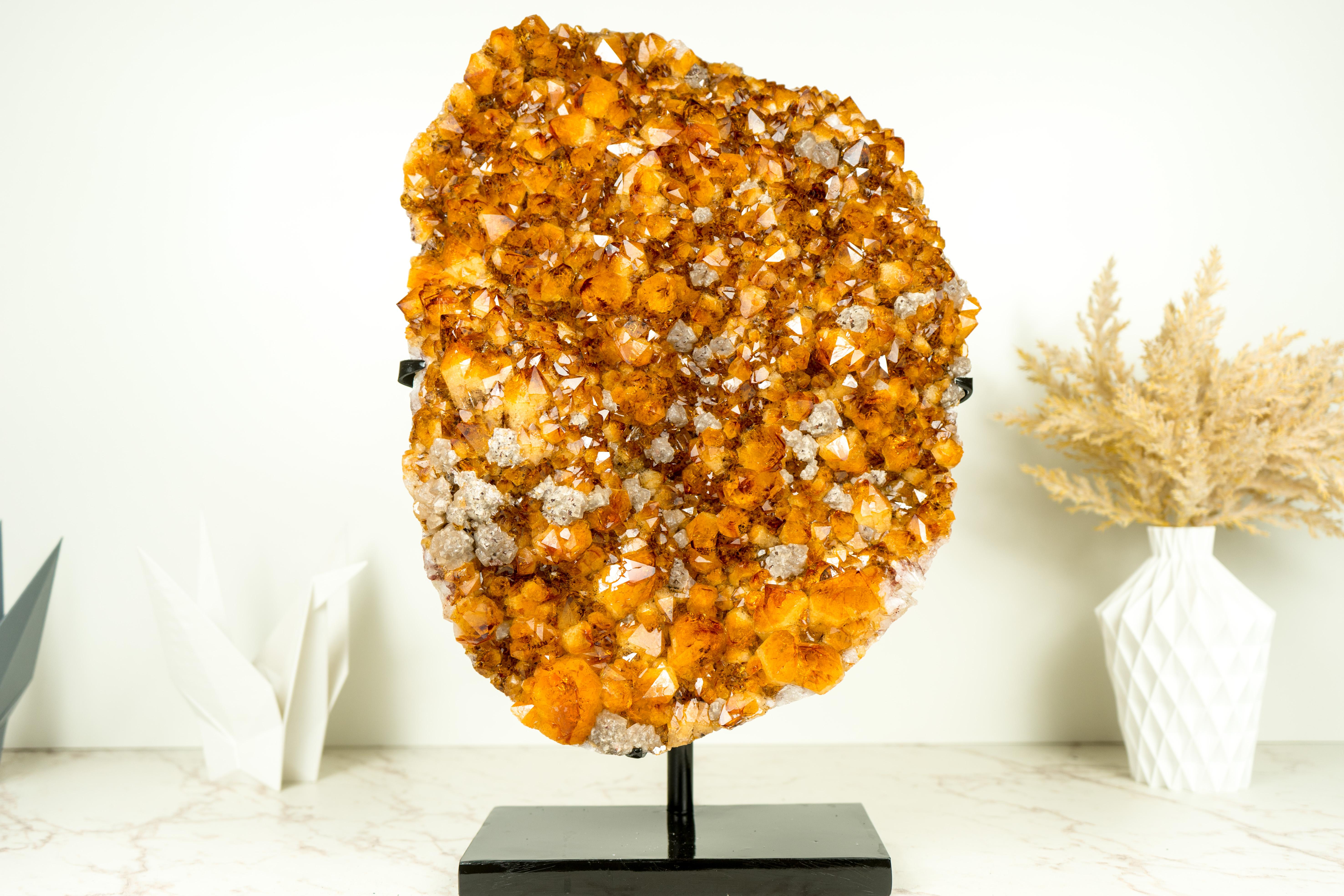 Brazilian Large Natural Citrine Cluster, High-Grade Orange Druzy with Goethite and Calcite For Sale