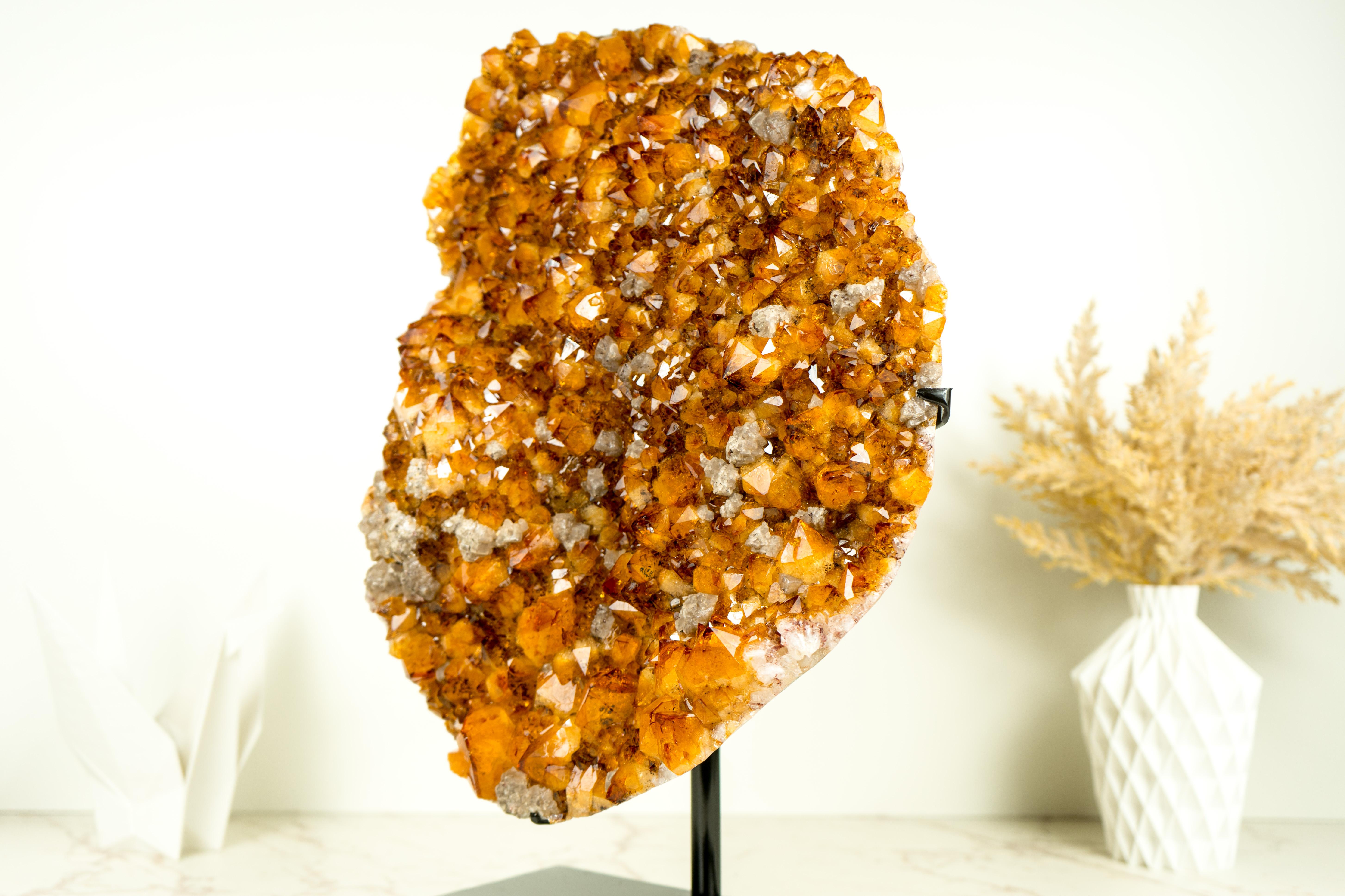 Contemporary Large Natural Citrine Cluster, High-Grade Orange Druzy with Goethite and Calcite For Sale