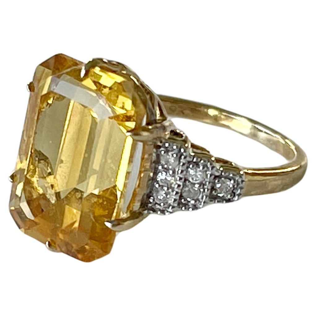 Large Natural Citrine Diamond Art Deco Style Ring 9K Yellow Gold For Sale