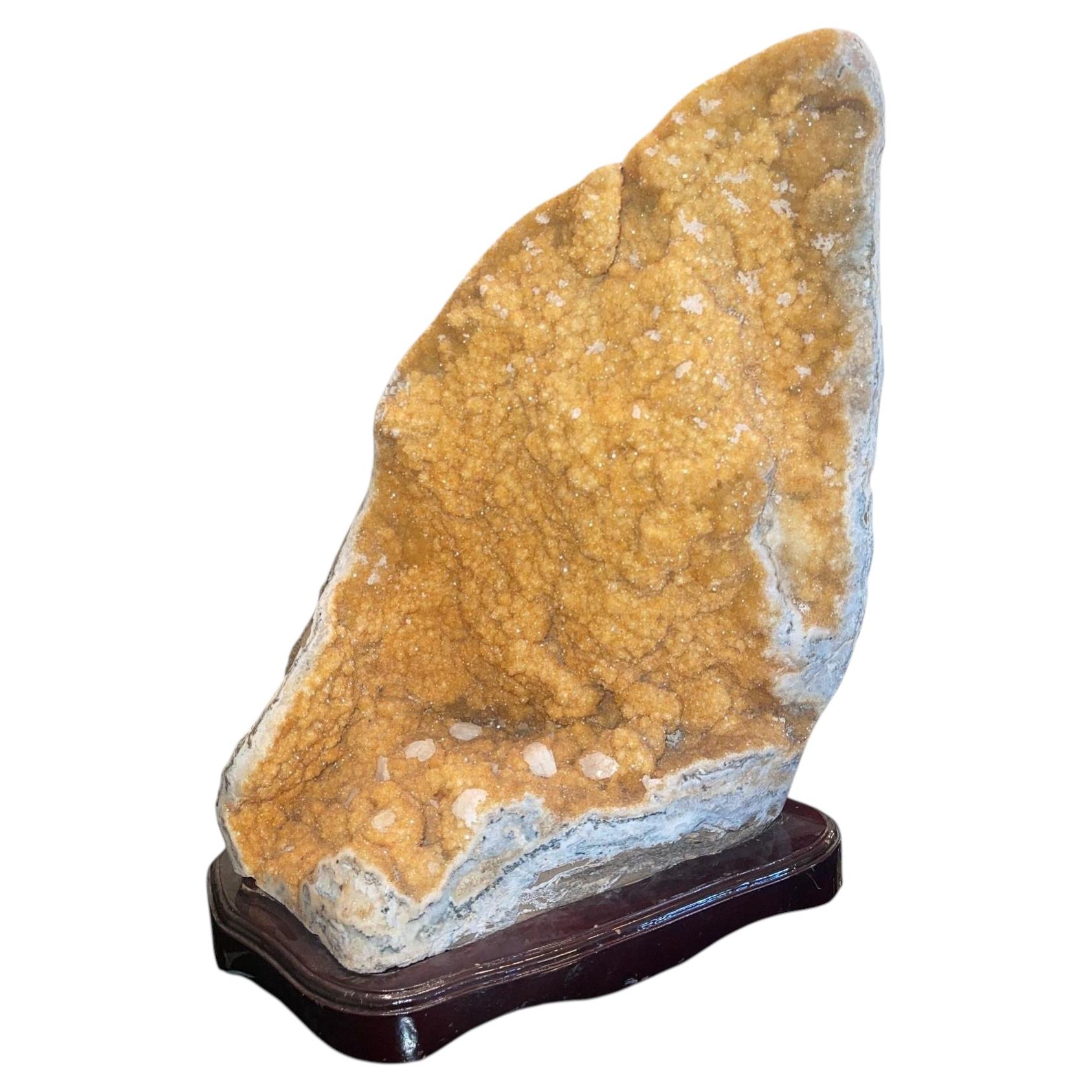 Large Natural Citrine Quartz Crystal Specimen on Wooden Base-Brazil 20th Century For Sale