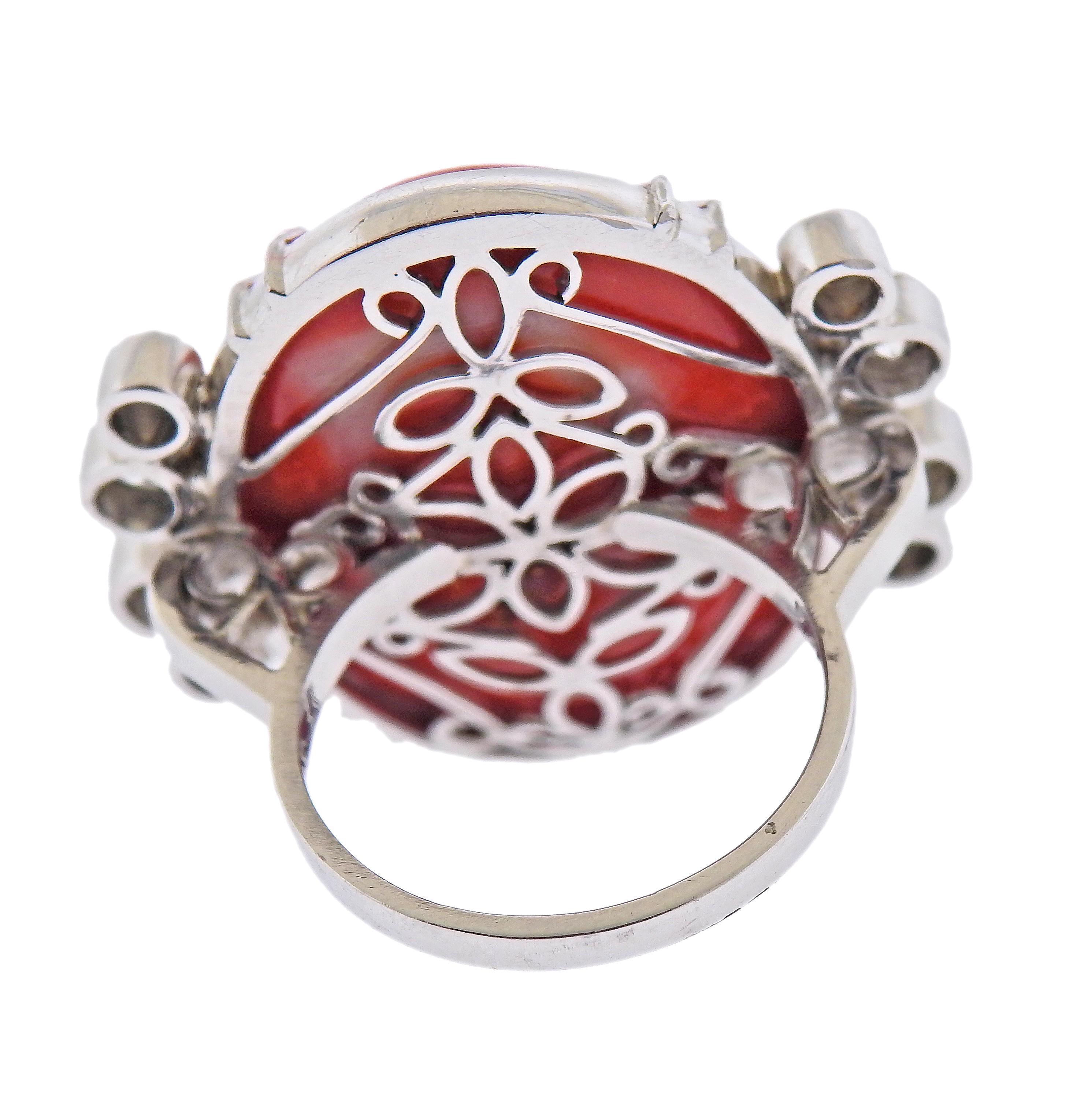 Oval Cut Large Natural Coral Diamond Gold Cocktail Ring For Sale