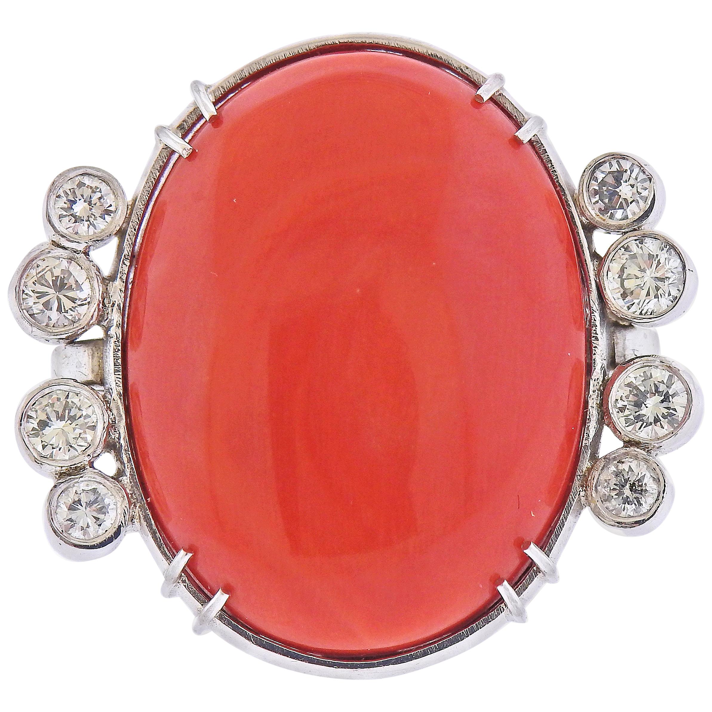 Large Natural Coral Diamond Gold Cocktail Ring