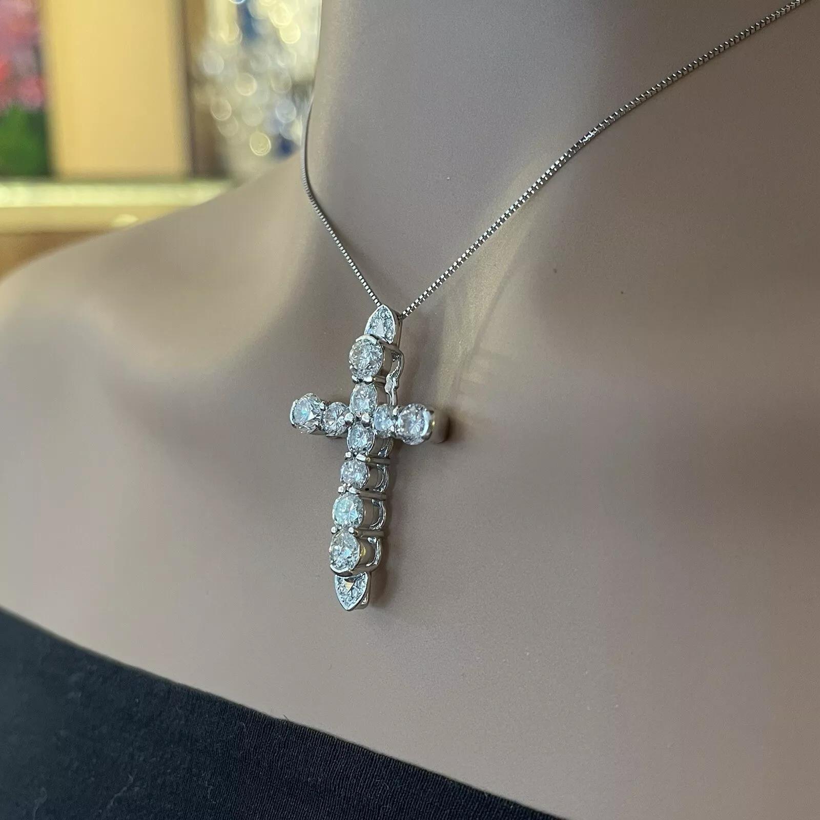 Round Cut Large Natural Diamond Cross Pendant Necklace 4.30 carat total weight in Platinum For Sale