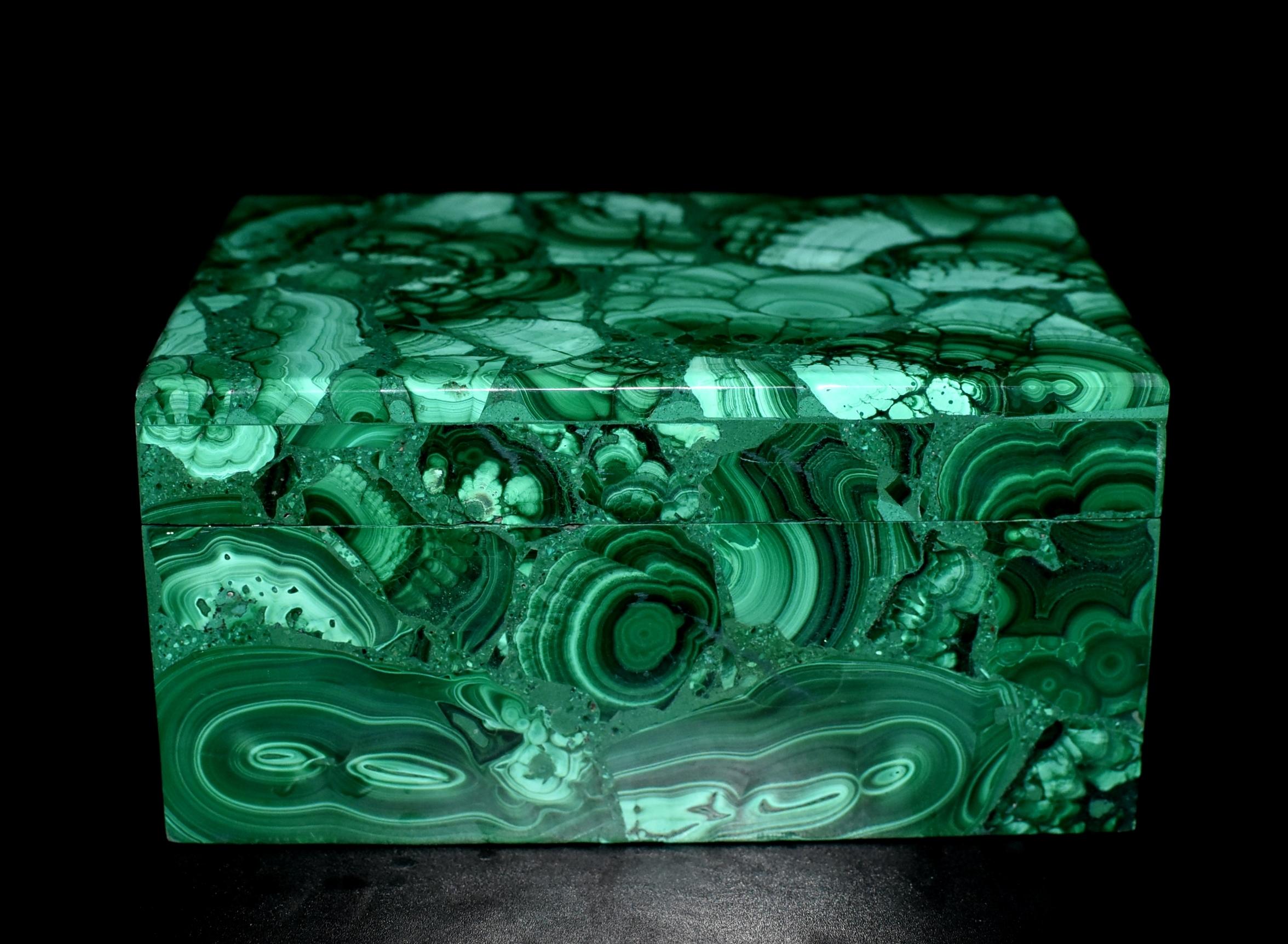 A large, full slab, spectacular 3 lb all natural malachite box for any purpose. Splendid swirls and patterns, this remarkable pieces adds a luxurious and sophisticated touch to your home. Malachite is a stone of transformation, helping one achieve