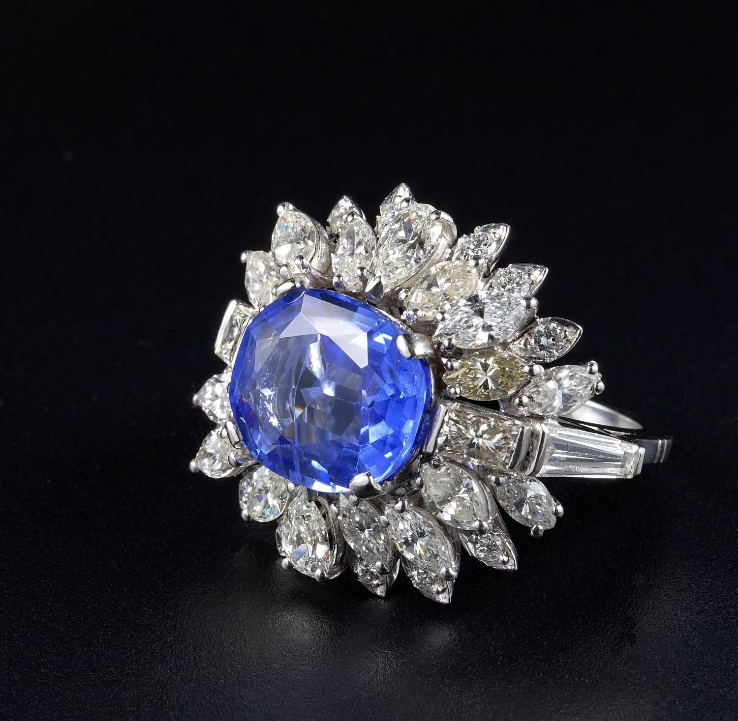 Women's or Men's Large Natural No Heat Sapphire Diamond Platinum Cocktail Ring For Sale
