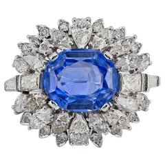 Vintage Large Natural No Heat Sapphire Diamond Platinum Cocktail Ring