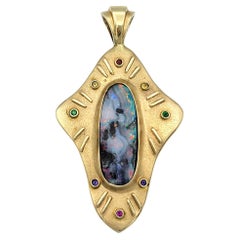 Large Natural Opal and Synthetic Gemstone 14 Karat Brushed Yellow Gold Pendant