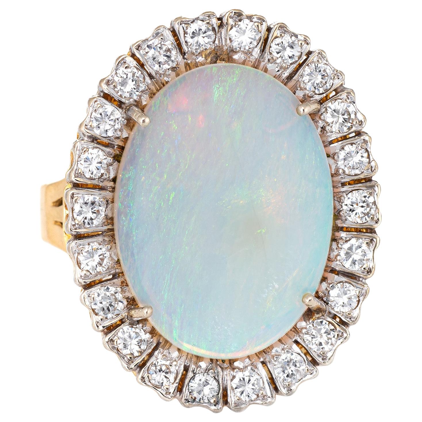 Large Natural Opal Diamond Ring Vintage 18 Karat Gold Oval Cocktail Jewelry