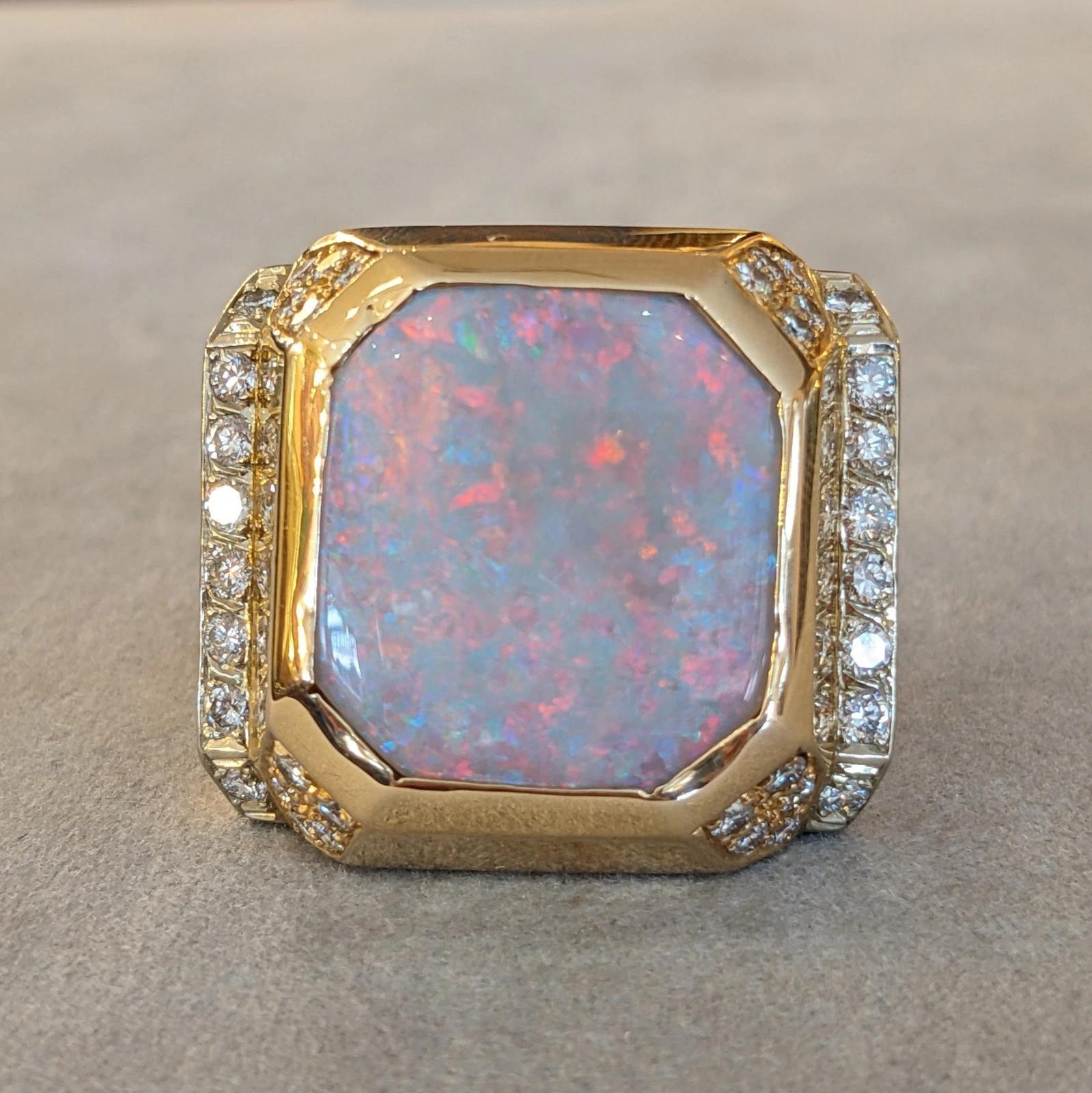 Square Cut Large Natural Opal Ring with Diamonds in 14k Yellow Gold For Sale