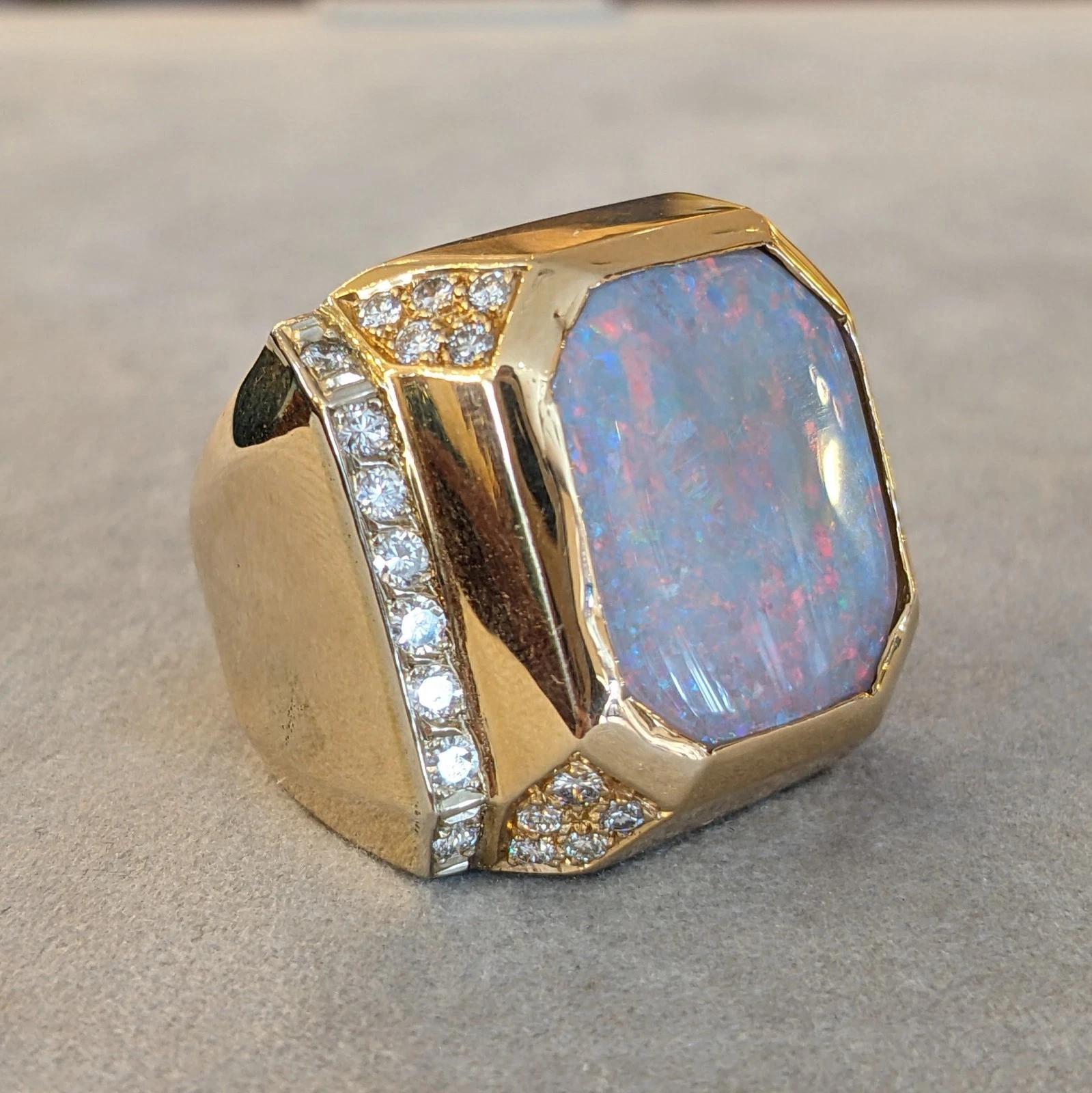 Large Natural Opal Ring with Diamonds in 14k Yellow Gold In Excellent Condition For Sale In La Jolla, CA