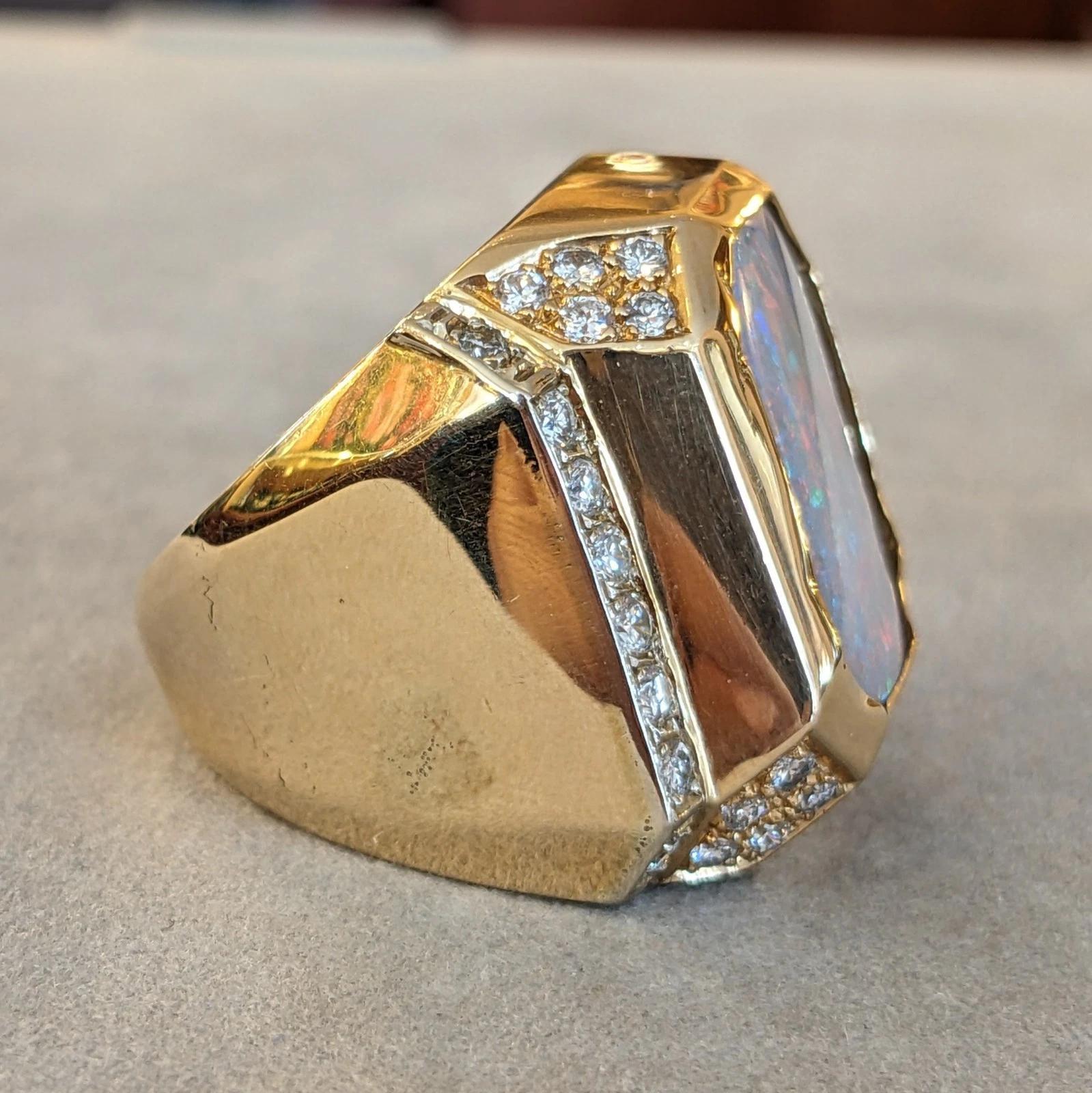 Women's or Men's Large Natural Opal Ring with Diamonds in 14k Yellow Gold For Sale