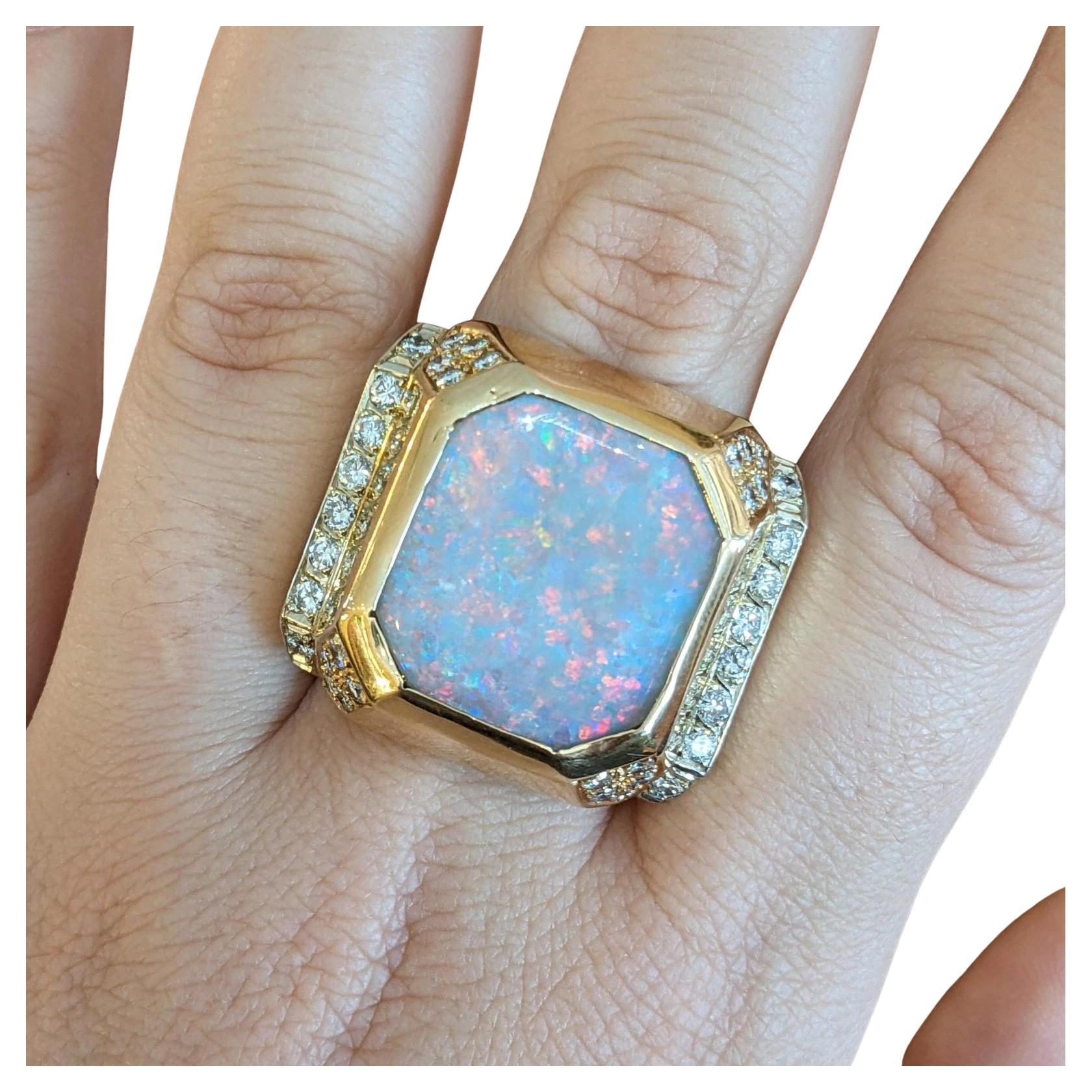 Large Natural Opal Ring with Diamonds in 14k Yellow Gold