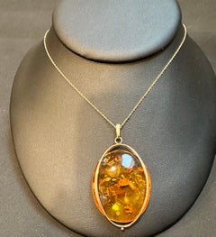 Large Natural Russian Amber Necklace or Pendant in 14 Karat Yellow Gold + Chain