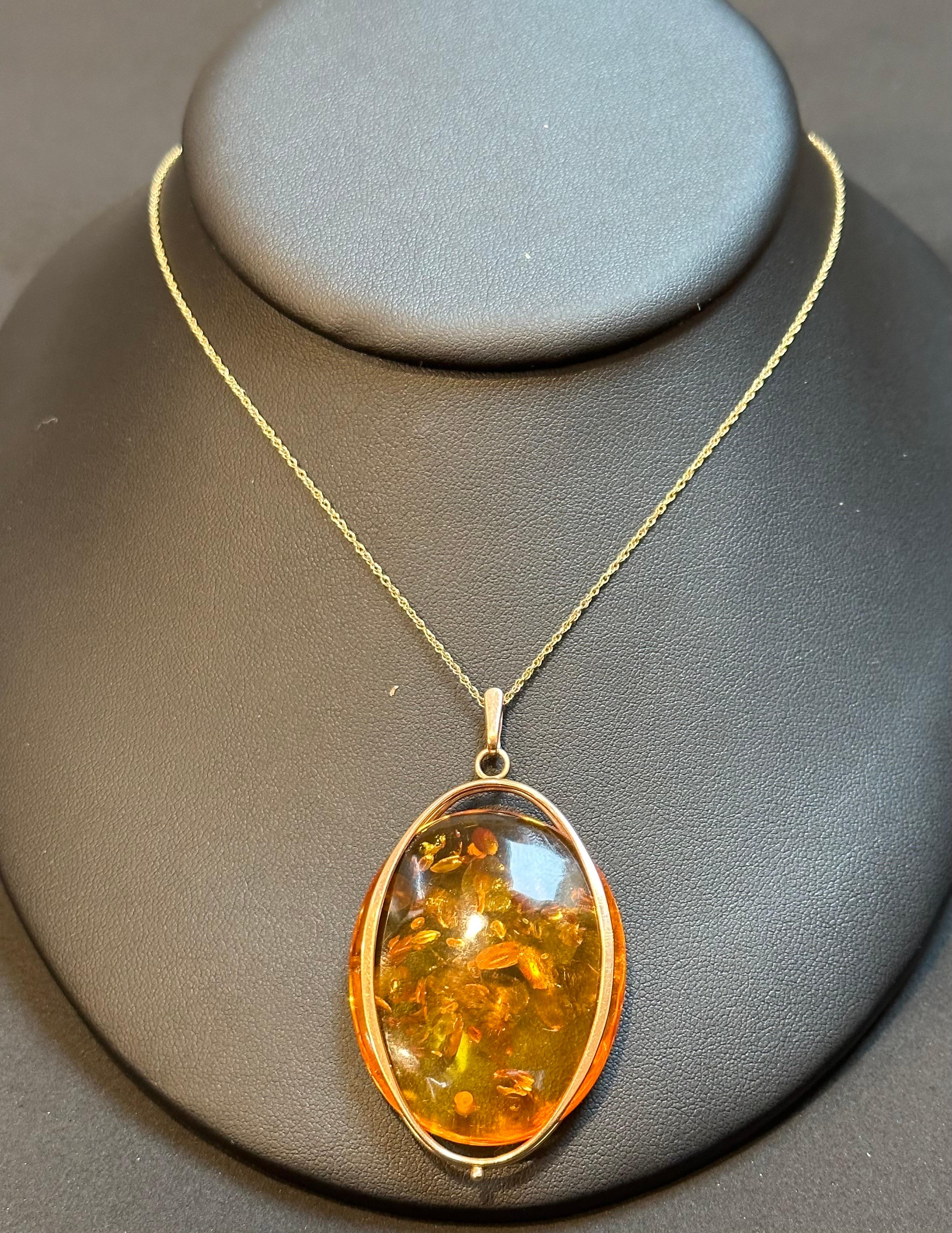 Cabochon Large Natural Russian Amber Necklace or Pendant in 14 Karat Yellow Gold + Chain