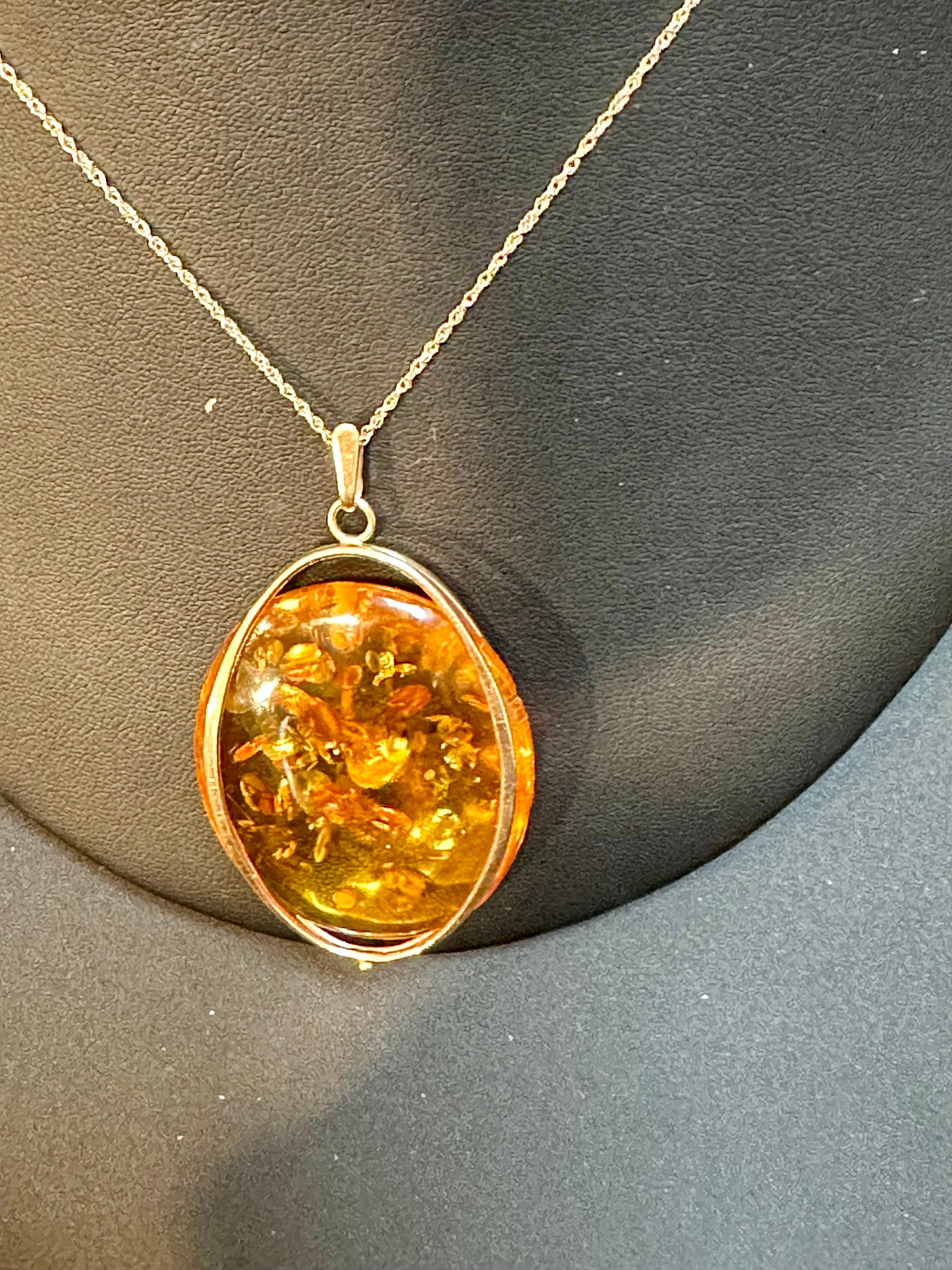 Large Natural Russian Amber Necklace or Pendant in 14 Karat Yellow Gold + Chain In Excellent Condition In New York, NY