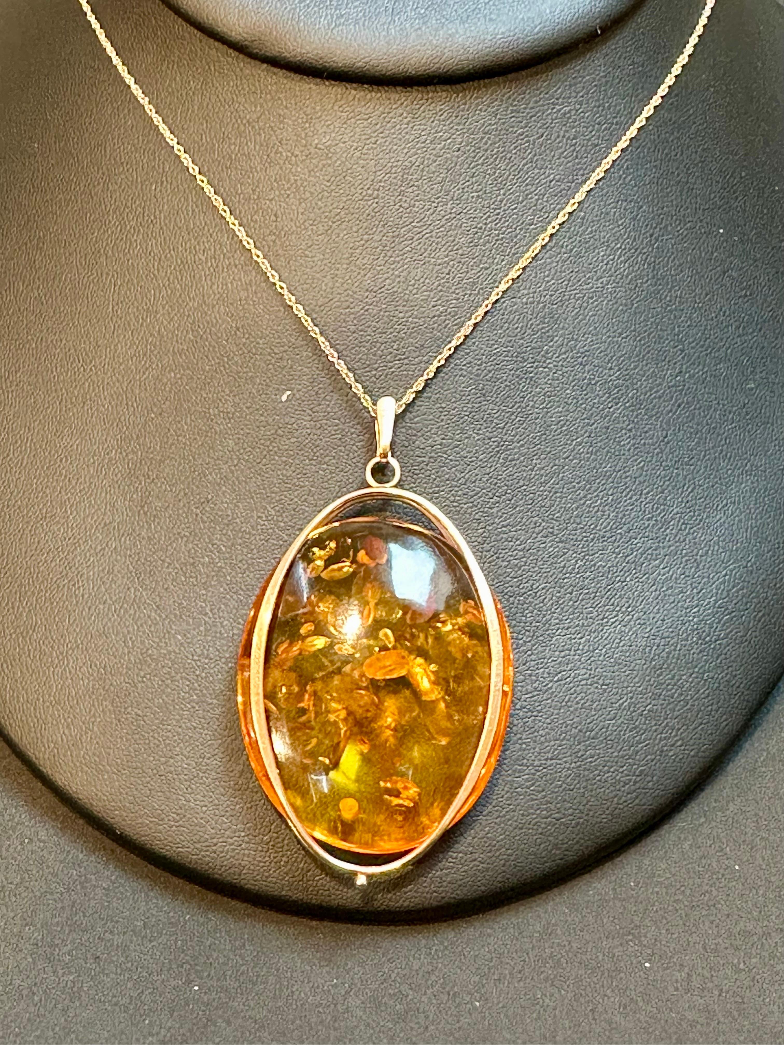 Women's Large Natural Russian Amber Necklace or Pendant in 14 Karat Yellow Gold + Chain