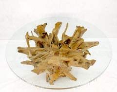 Large Natural Specimen Turned Drift Wood Base Round Glass Top Dining Table MINT!