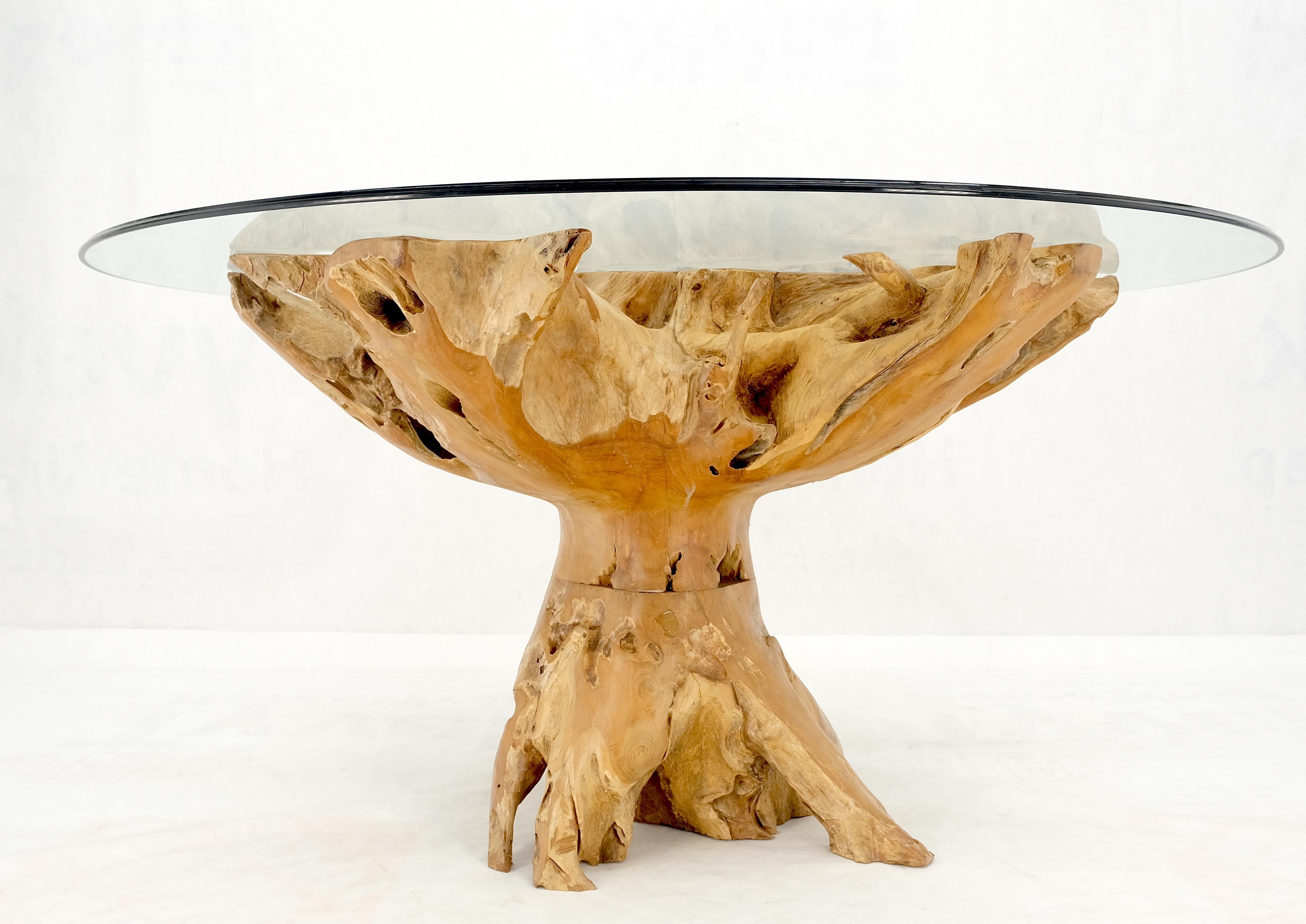 Unknown Large Natural Specimen Turned Drift Wood Base Round Glass Top Dining Table MINT! For Sale