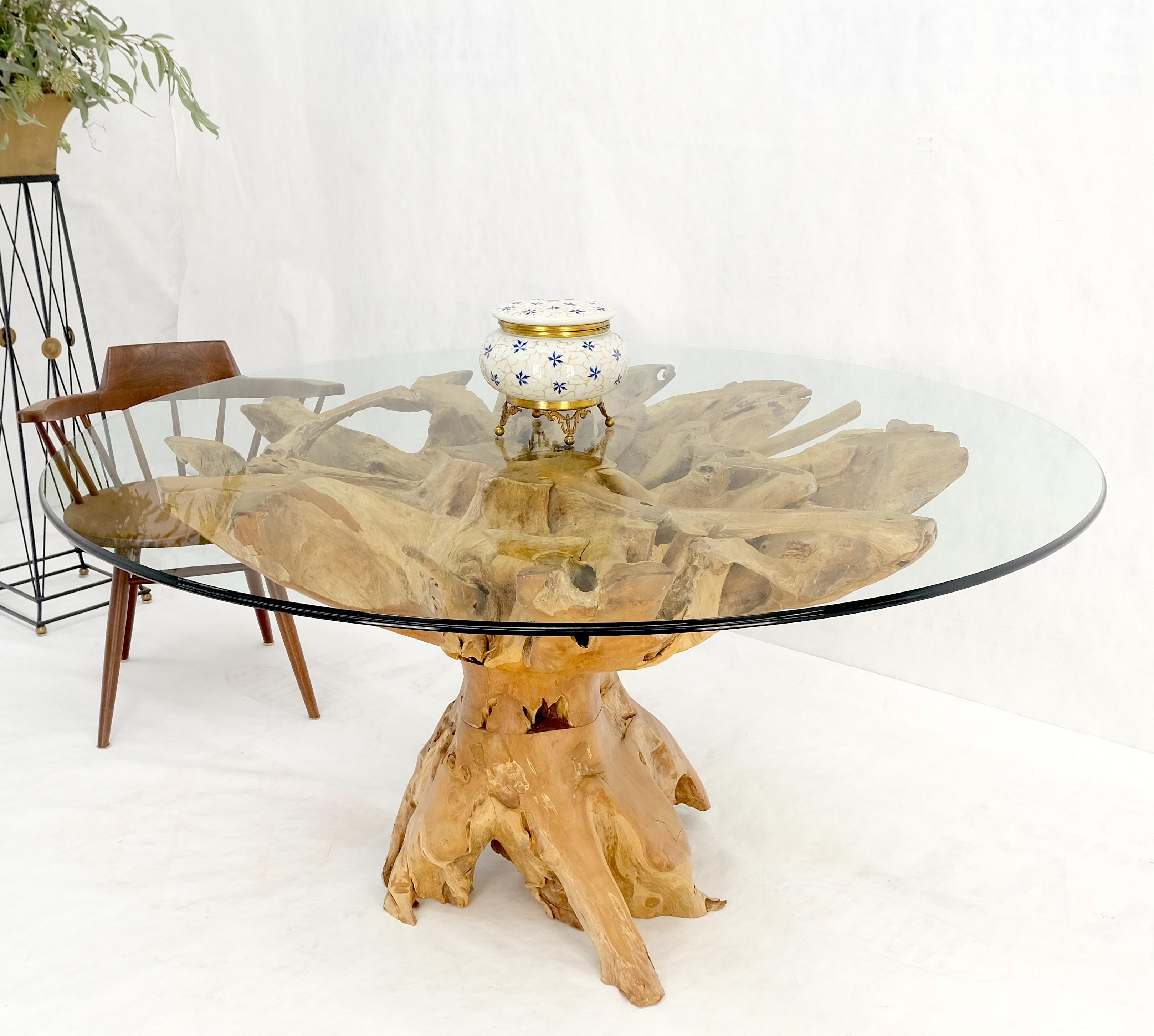 Oiled Large Natural Specimen Turned Drift Wood Base Round Glass Top Dining Table MINT! For Sale