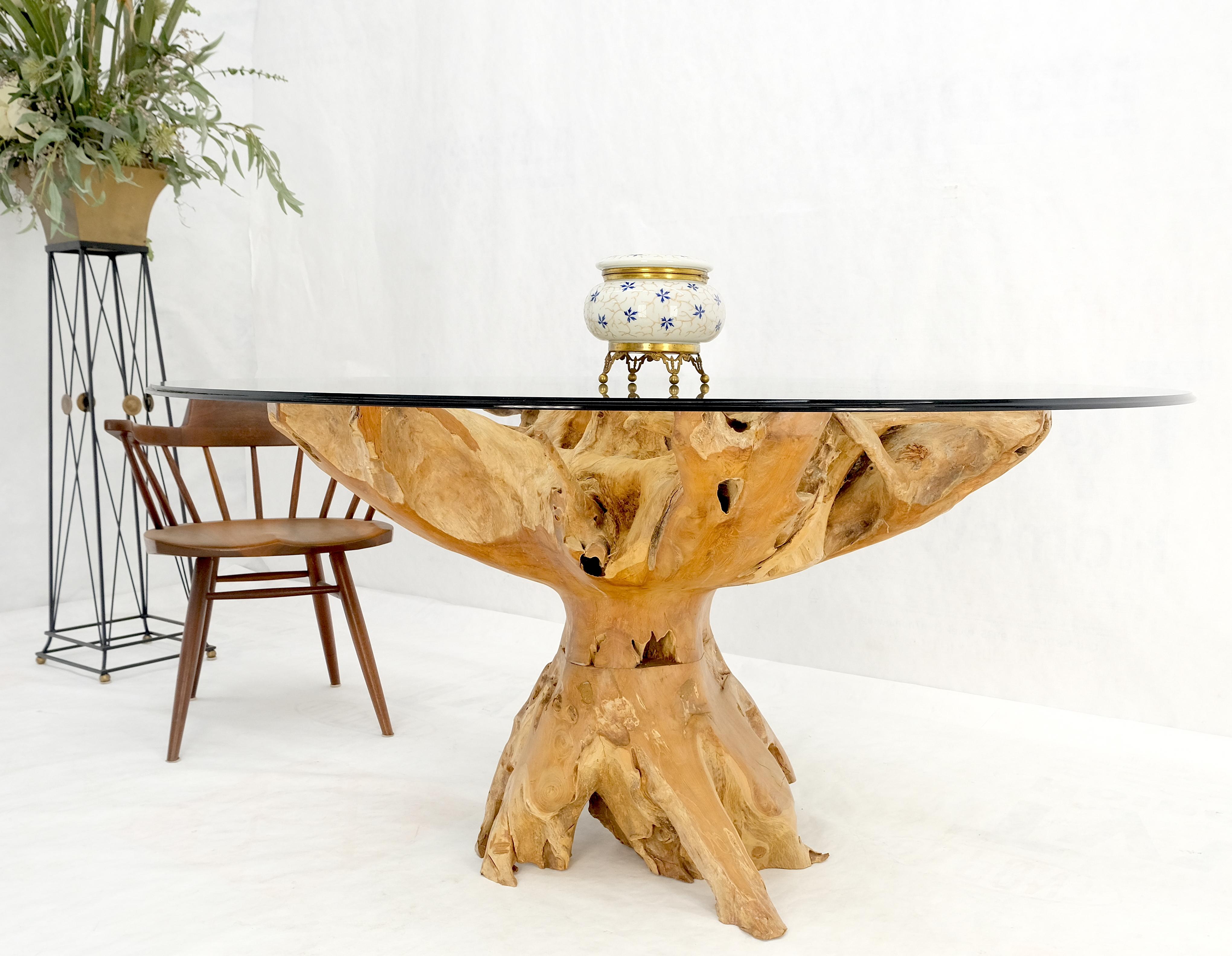 Large Natural Specimen Turned Drift Wood Base Round Glass Top Dining Table MINT! In Excellent Condition For Sale In Rockaway, NJ