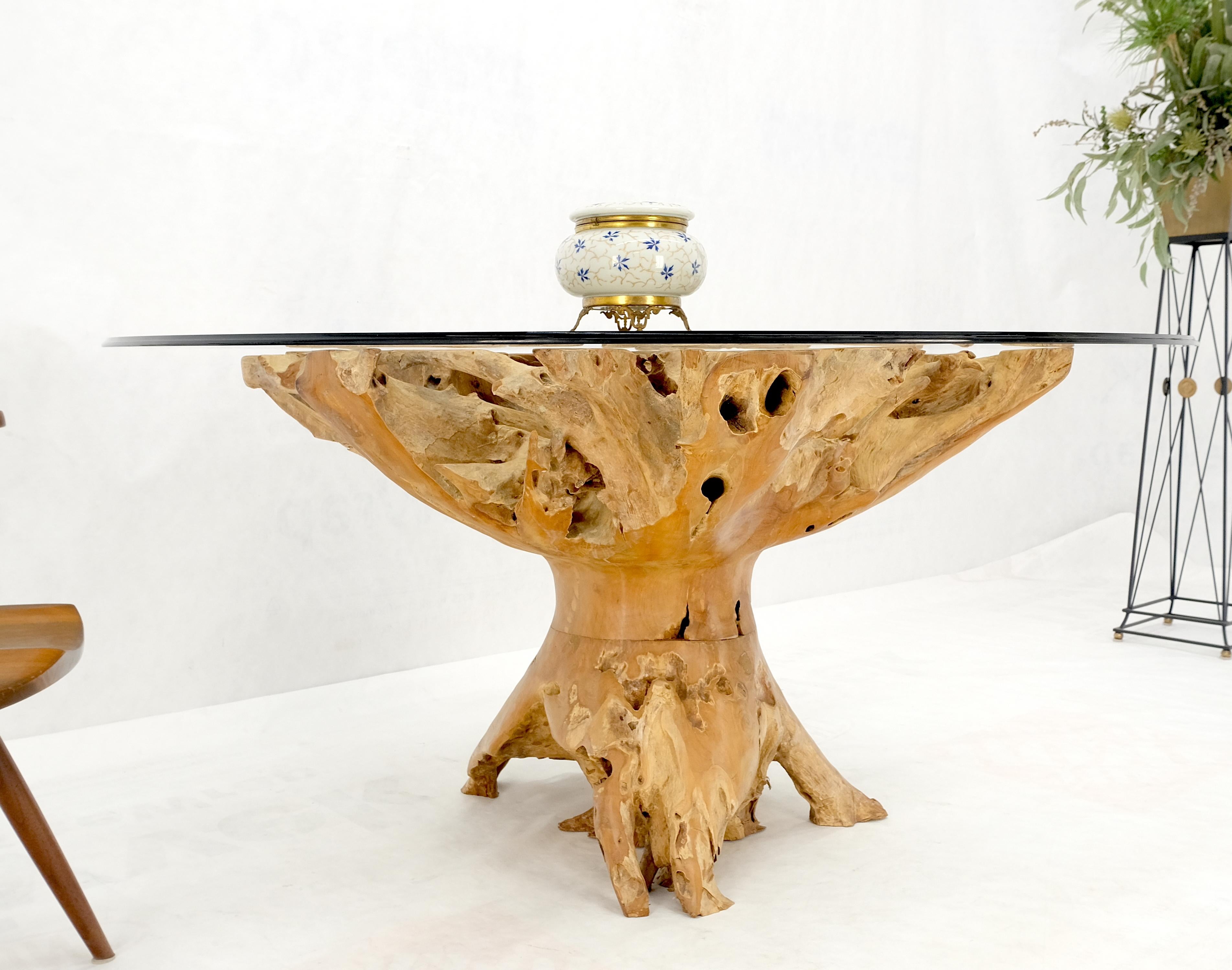 20th Century Large Natural Specimen Turned Drift Wood Base Round Glass Top Dining Table MINT! For Sale
