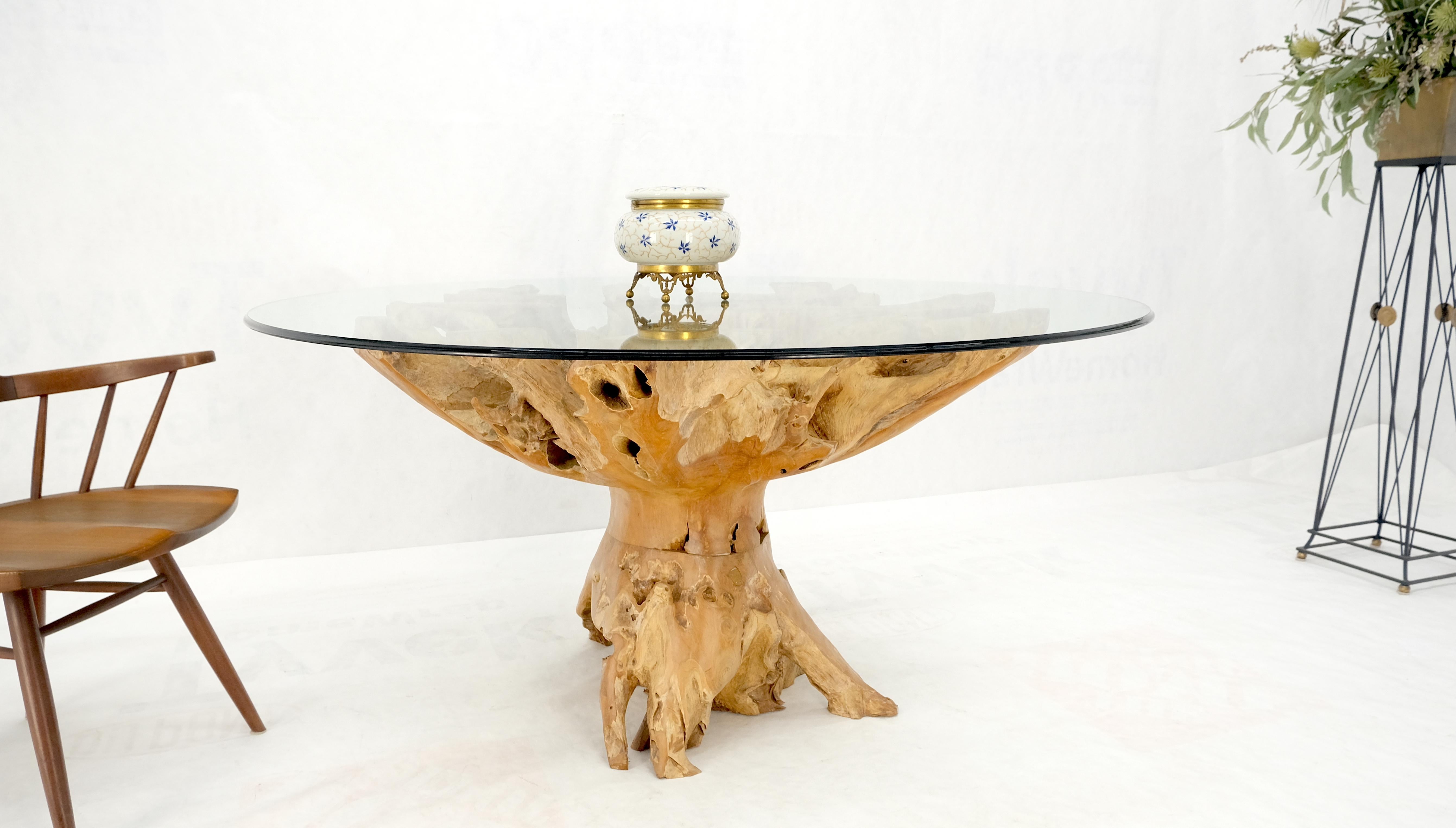 Large Natural Specimen Turned Drift Wood Base Round Glass Top Dining Table MINT! For Sale 1