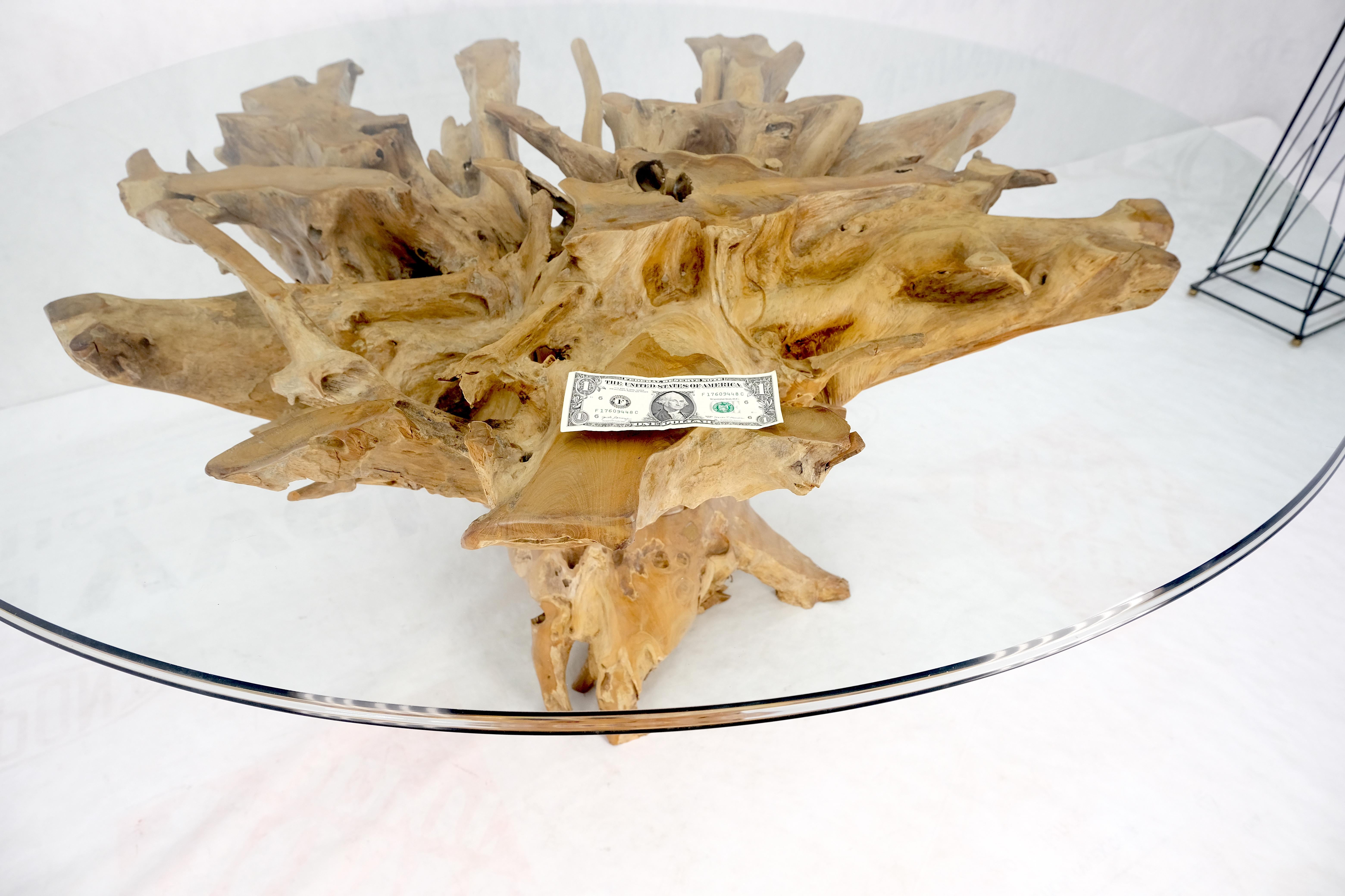 Large Natural Specimen Turned Drift Wood Base Round Glass Top Dining Table MINT! For Sale 2