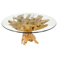 Large Natural Specimen Turned Drift Wood Base Round Glass Top Dining Table MINT!