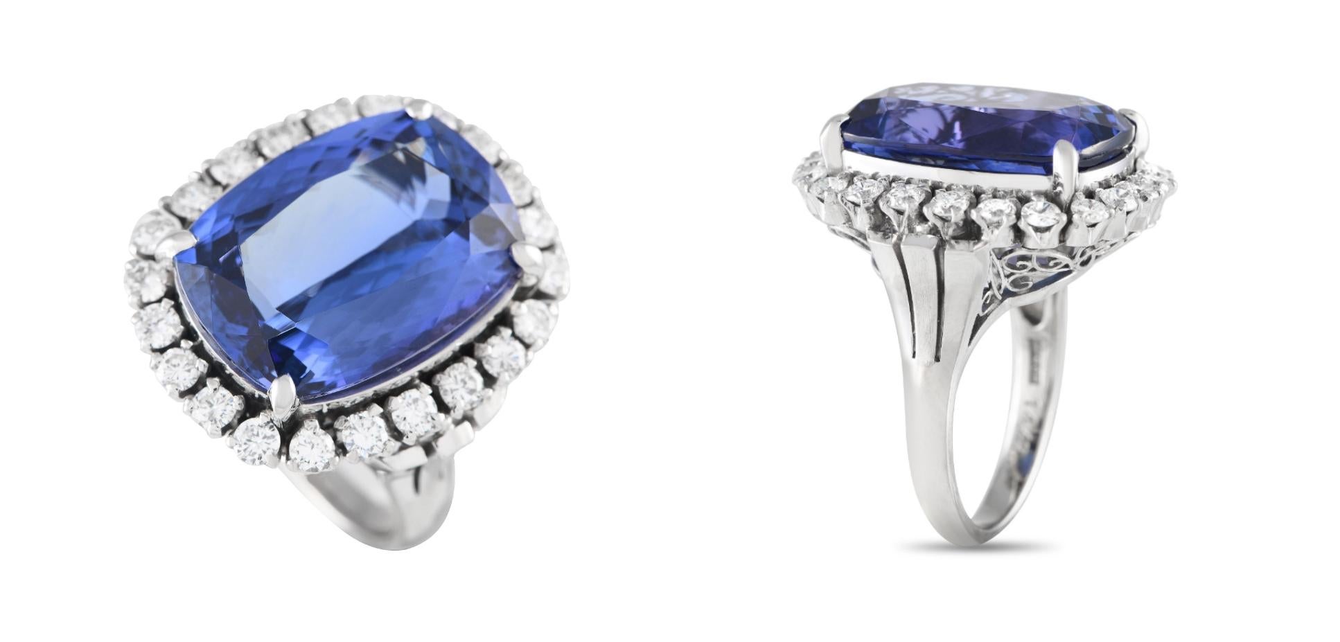 GIA 14,47 Karat Tansanit und Diamant Cocktail-Ring in Platin (Kissenschliff) im Angebot