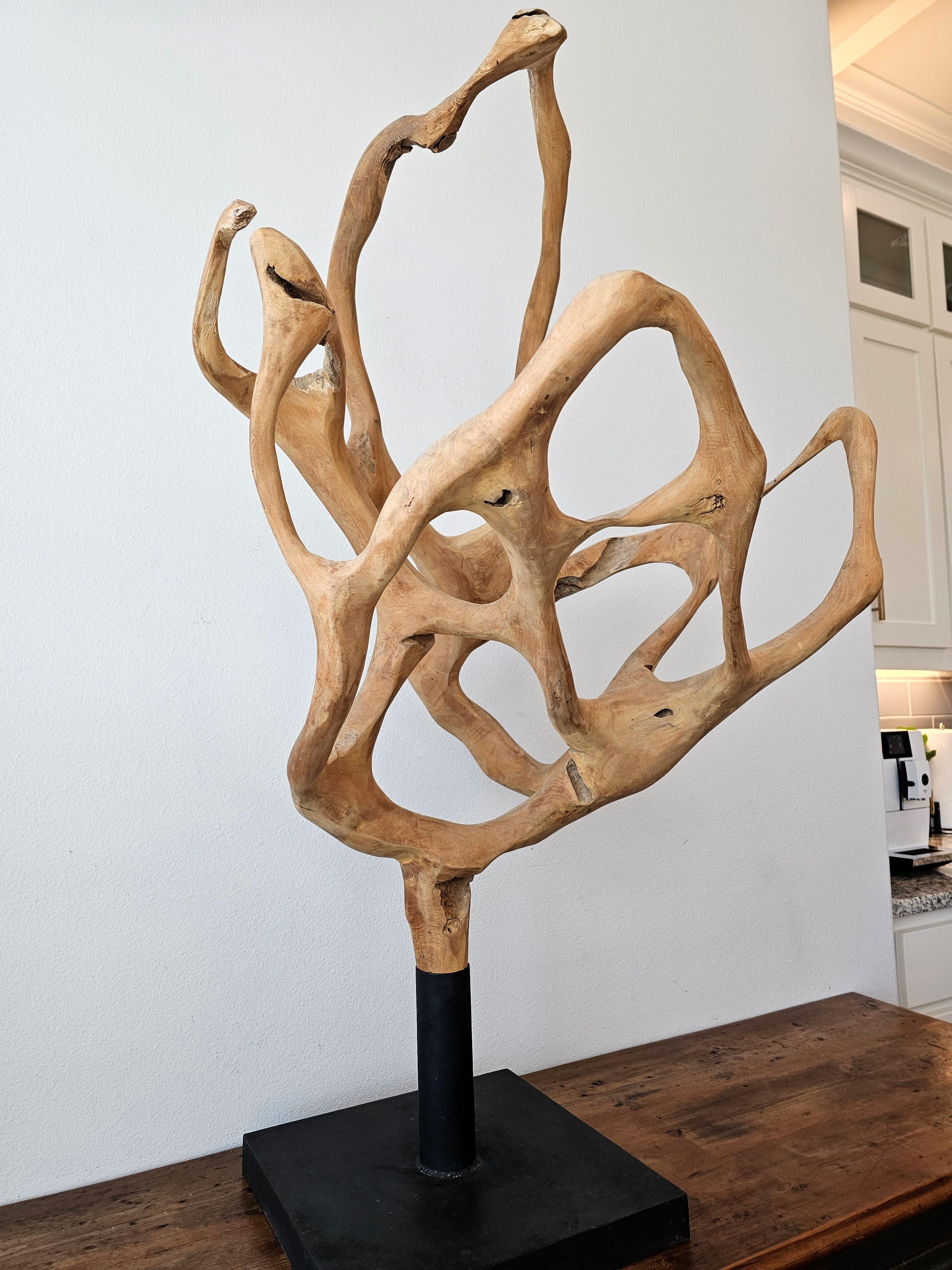 Una impresionante pieza única de madera de raíz de teca orgánica tallada de forma libre que se convierte en una caprichosa maravilla de artesanía y arte. Esta pieza naturalista es visualmente impactante y parece flotar sobre su base cuadrada de