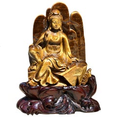 Grande statue de Bouddha Kwan Yin en oeil de tigre naturel