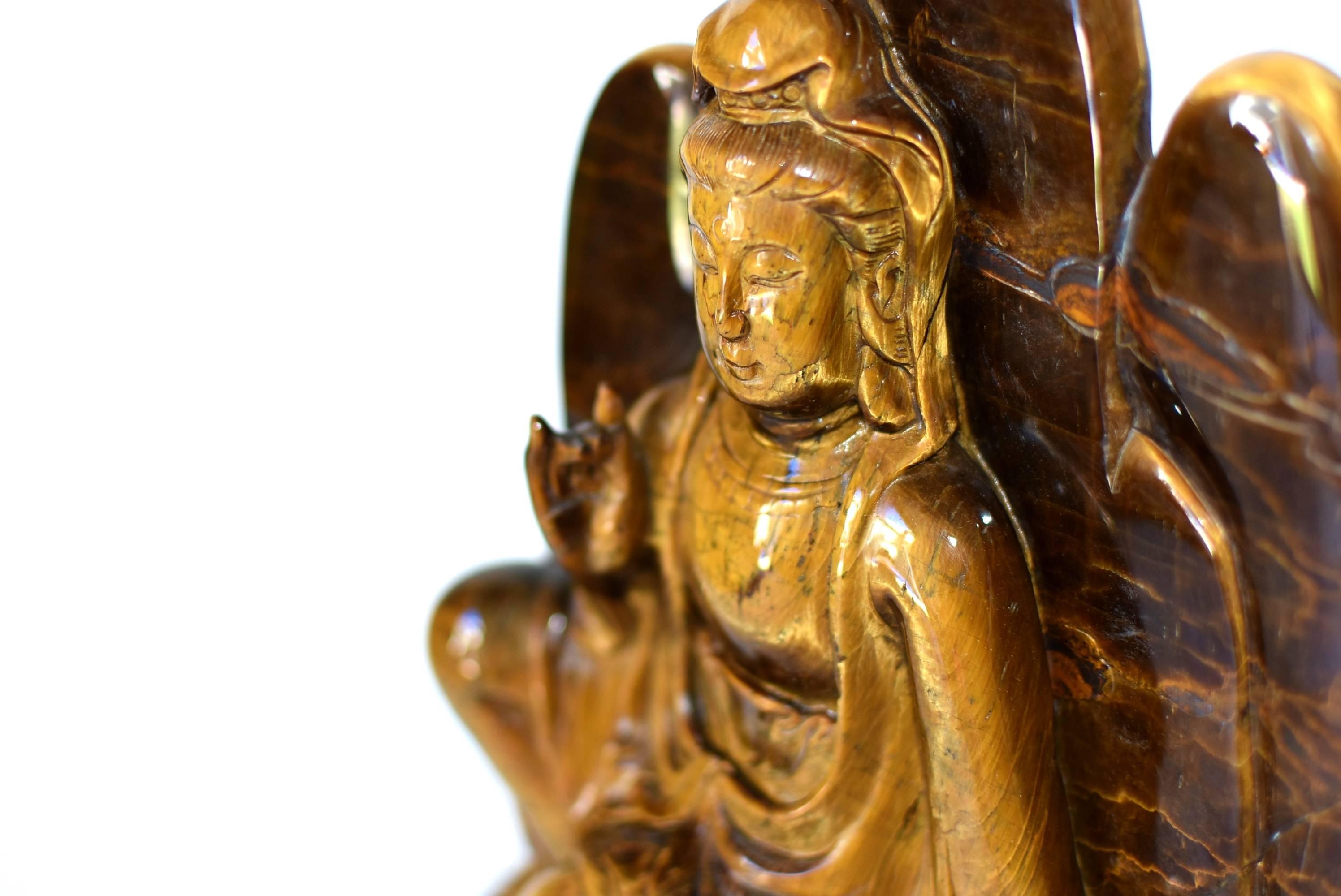 Hand-Carved Large Natural Tiger's Eye Kwan Yin Buddha Statue